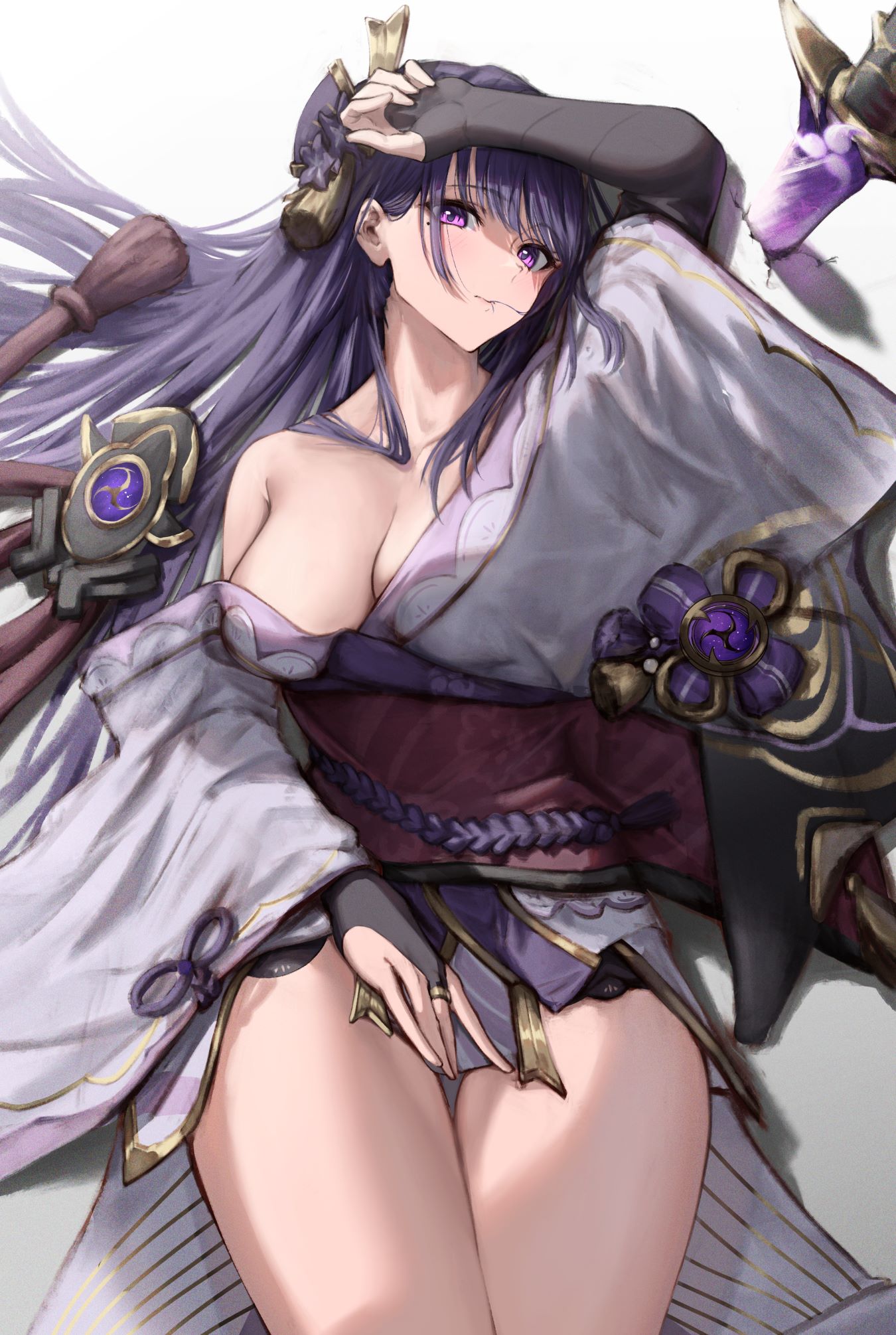 1girls, arm up, bakemonsou, big breasts, blush, breasts, bridal gauntlets, closed mouth, female, genshin impact, hair ornament, highres, japanese clothes, kimono, long hair, long sleeves, looking at viewer, mole, mole under eye, purple eyes, purple hair, purple kimono, raiden shogun, sash, single bare shoulder, solo, thighs, weapon, wide sleeves