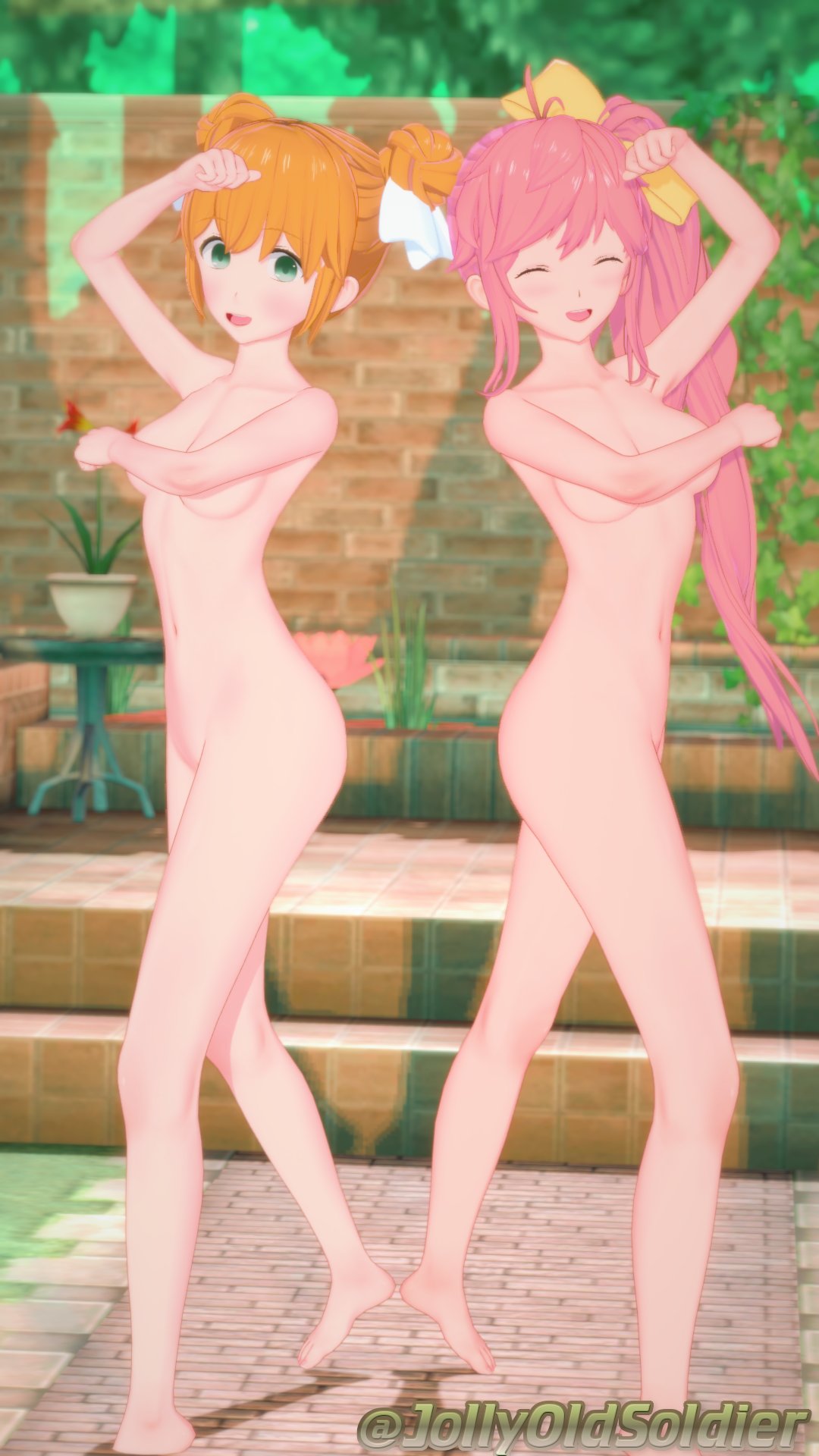 2girls 3d bangs bare_legs barefoot brown_hair completely_nude completely_nude_female covering covering_breasts dancer dancing double_bun female female_only fire_emblem fire_emblem:_mystery_of_the_emblem fire_emblem:_shadow_dragon_and_the_blade_of_light fire_emblem:_the_binding_blade green_eyes jollyoldsoldier larum_(fire_emblem) legs long_hair looking_at_viewer medium_breasts multiple_girls navel nintendo nude nude_female open_mouth orange_hair outdoors phina_(fire_emblem) pink_hair ponytail pose short_hair side_ponytail smile very_long_hair