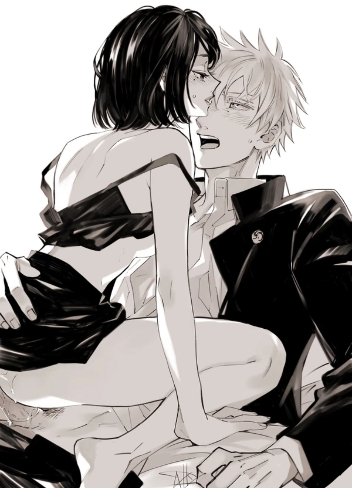 1boy, 1girls, 2d, beauty mark, blush, blush lines, clothed sex, condom on penis, cowgirl position, female, female on top, female penetrated, jujutsu kaisen, male, male penetrating, male/female, on lap, open mouth, penis, penis in pussy, pussy, riding penis, satoru gojo, sex, shoko ieiri, skirt lift, skirt up, thighs, uniform