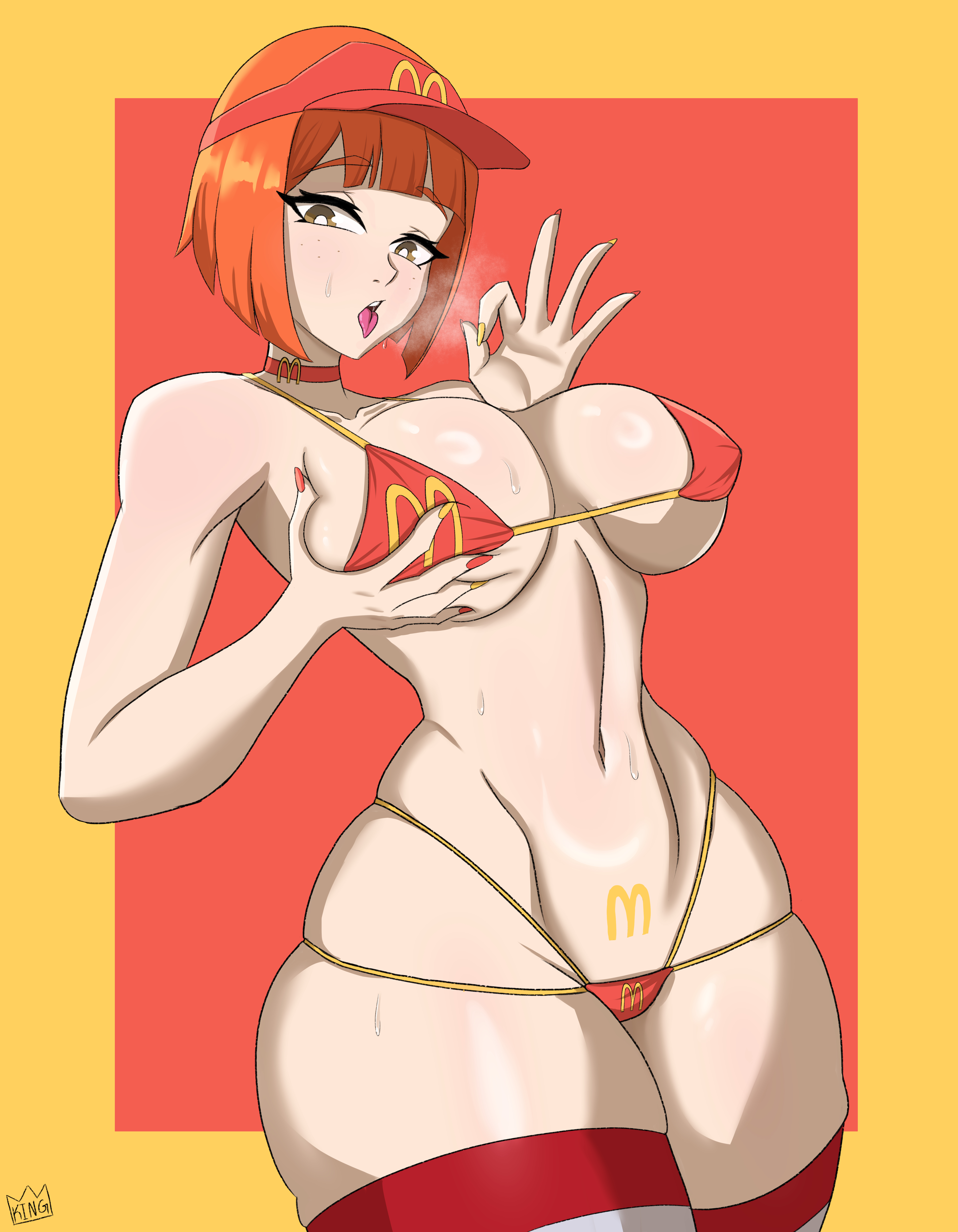 1girls, big breasts, bikini, bob cut, breasts, busty, choker, corporation bikini, corporation logo, curvaceous, curvy, curvy female, curvy figure, fellatio gesture, female, female only, mcdonald's, mcdonalds bikini, mcdonalds tattoo, milf, mom (japanese mcdonald's commercial), mother, orange hair, pubic tattoo, solo, tattoo, tongue, tongue out, voluptuous, wide hips, yaboiking3877, yoru mac