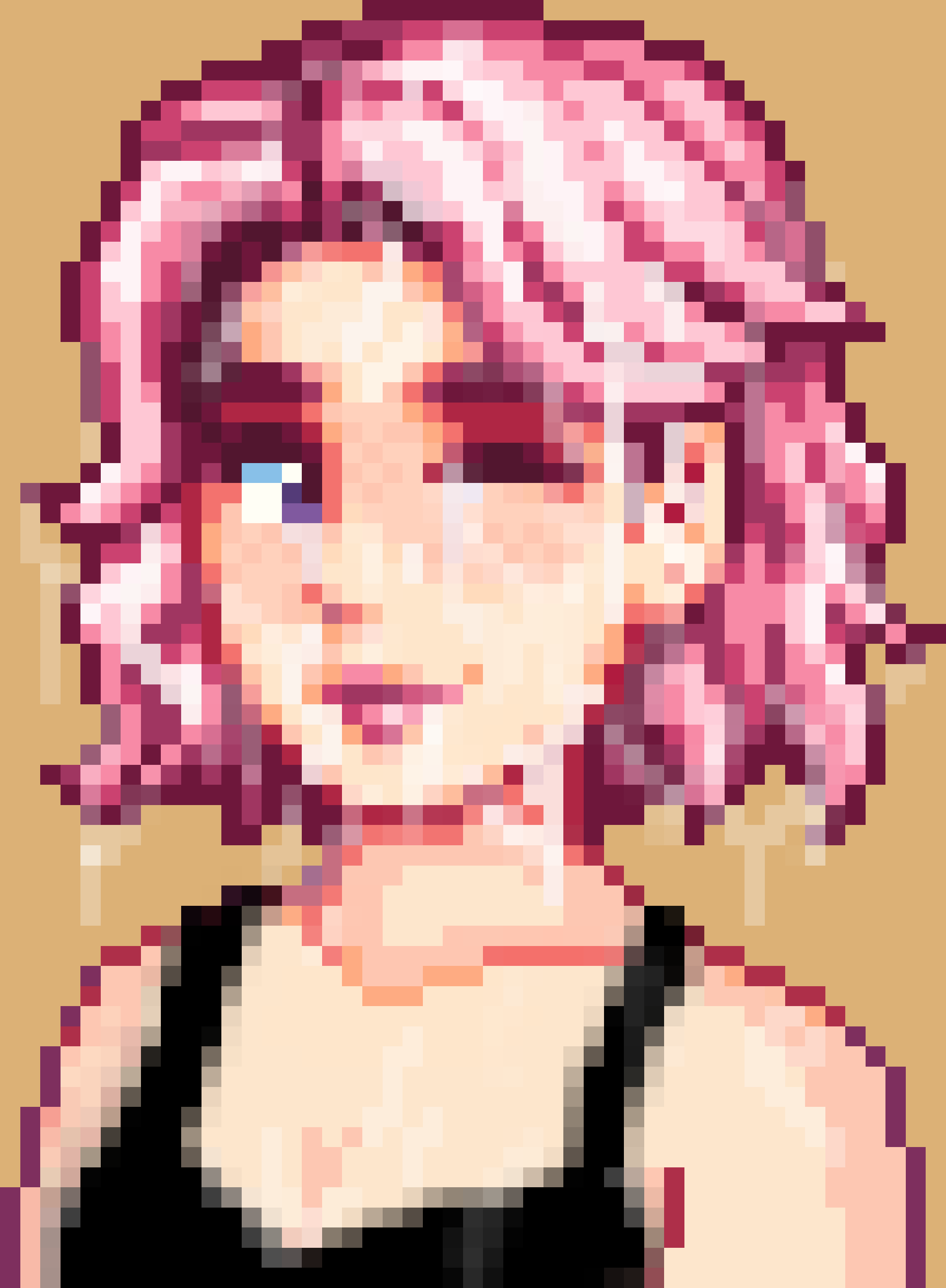 blush bra cum cum_drip cum_on_face edit facial female female_focus one_eye_closed pink_hair pixel_art smile solo sophia_(stardew_valley) stardew_valley stardew_valley_expanded