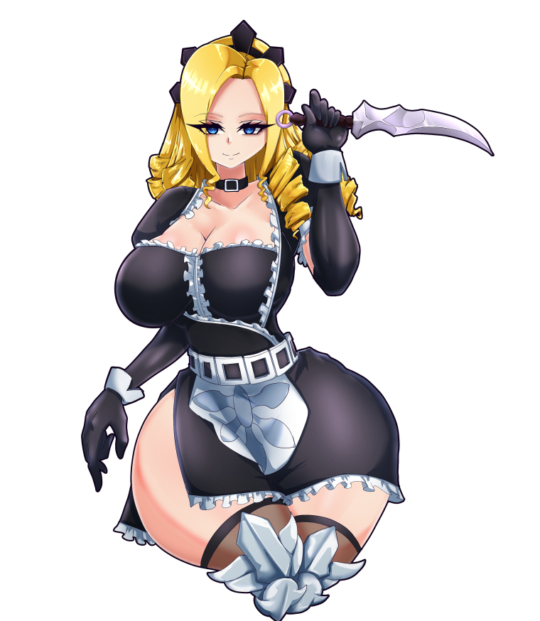 alternate version available, ass, big ass, big breasts, big butt, blonde hair, blue eyes, breasts, choker, clothing, dagger, female, female only, fully clothed, huge ass, huge breasts, legwear, looking at viewer, maid, maid outfit, maid uniform, miyako noh, miyako.noh, overlord (maruyama), slime, slime girl, solo, solo female, solo focus, solution epsilon, stockings, tagme, thick thighs, weapon, wide hips