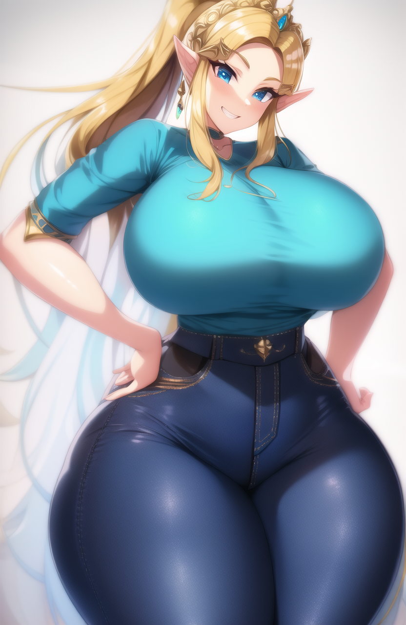 1girls ai_generated blonde_hair blue_eyes blue_shirt bootylover02 curvaceous curvy curvy_figure gigantic_breasts hand_on_hip high-waist_pants huge_ass huge_breasts long_hair looking_at_viewer nai_diffusion nintendo ponytail princess_zelda seductive_smile shiny_clothes shiny_hair shiny_skin shirt stable_diffusion the_legend_of_zelda thick_thighs voluptuous wide_hips