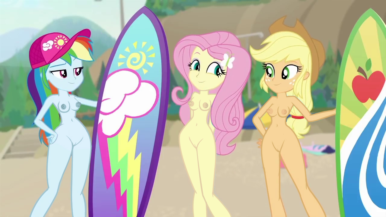 accurate art style, applejack (mlp), beach, big breasts, breasts, equestria girls, female, fluttershy (mlp), my little pony, nude, nude edit, nude female, rainbow dash (mlp), smiling at another, smiling at each other, surfboard