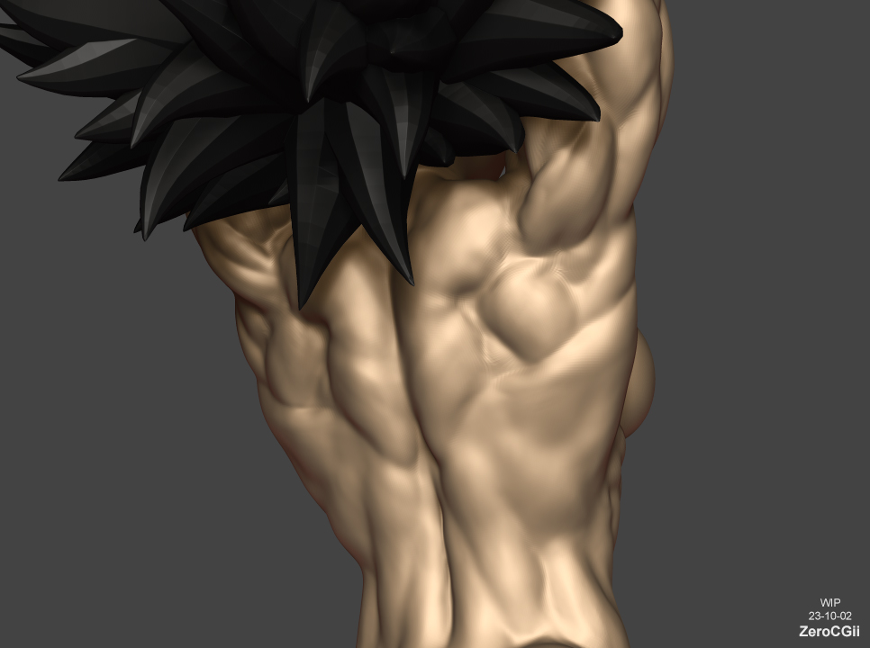 3d 3d_(artwork) back back_view black_hair caulifla dragon_ball dragon_ball_super grey_background muscles muscular muscular_back muscular_female sole_female solo solo_female spiked_hair watermark wip work_in_progress zbrush zerocgii