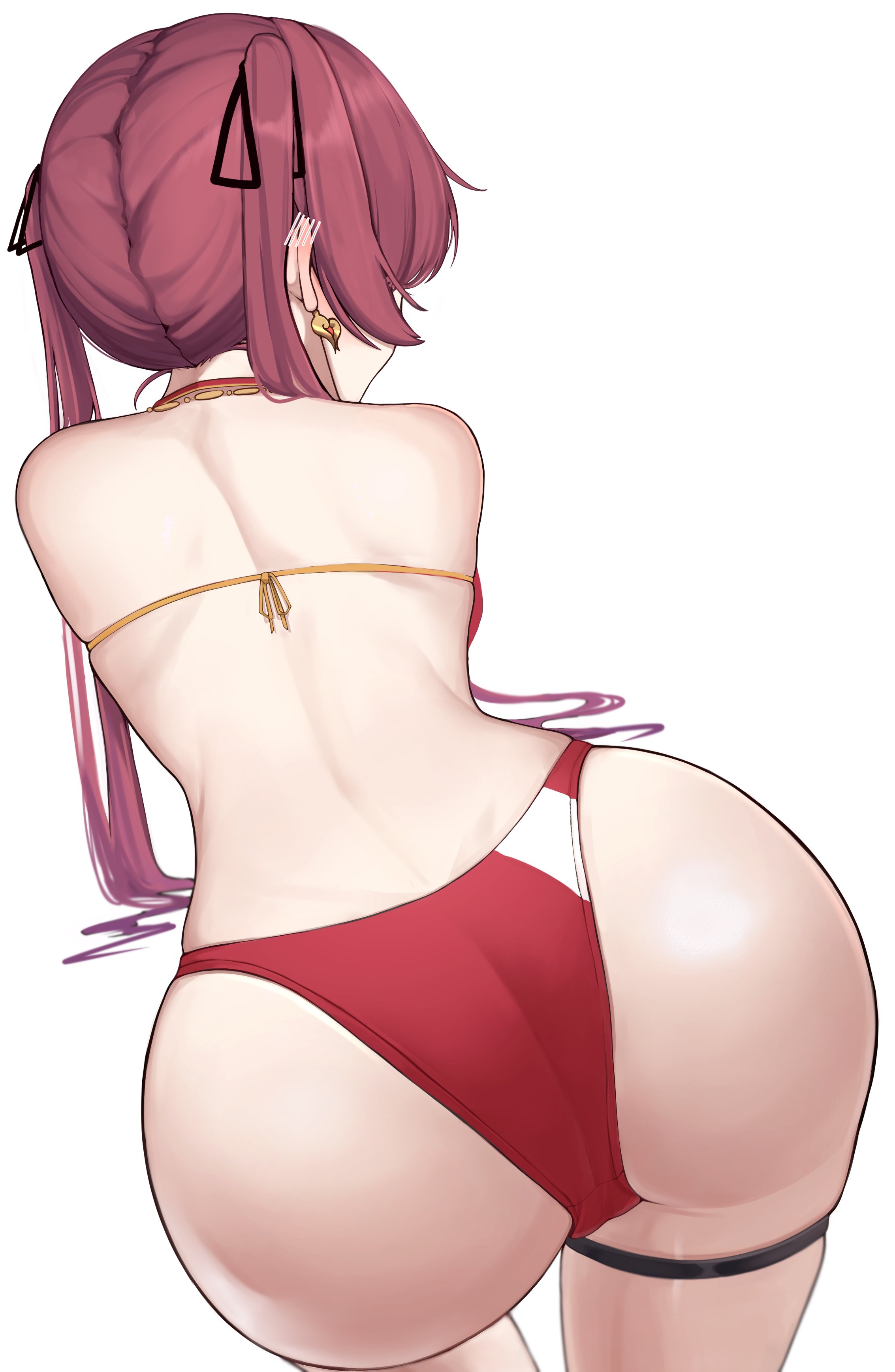 absurdres, ass, ass focus, bent over, bikini, black ribbon, blush, ear blush, earrings, faceless female, facing away, female, from behind, hair ribbon, heart, heart earrings, highres, hip focus, hololive, hololive fantasy, hololive japan, houshou marine, houshou marine (4th costume), huge ass, jewelry, leaning forward, long hair, necklace, pomp (qhtjd0120), red bikini, red hair, ribbon, simple background, solo, swimsuit, thigh strap, twintails, virtual youtuber, white background