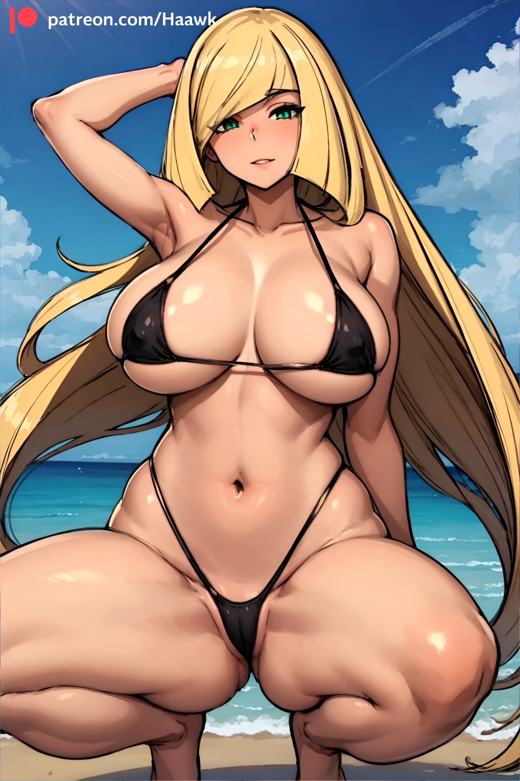 1girls, ai generated, aqua eyes, areola slip, areolae, arm behind head, arm up, armpits, ass visible through thighs, bangs, bare shoulders, barefoot, beach, bikini, black bikini, blonde hair, blue sky, blush, breasts, cameltoe, cloud, collarbone, covered nipples, day, female, female only, green eyes, haawk, highleg, highleg bikini, large breasts, long hair, looking at viewer, lusamine (pokemon), mature female, micro bikini, navel, ocean, outdoors, parted lips, patreon username, pokemon, pokemon sm, pussy, sand, shiny, shiny skin, skindentation, sky, smile, solo, spread legs, squatting, swimsuit, thick thighs, thighs, very long hair, water, web address