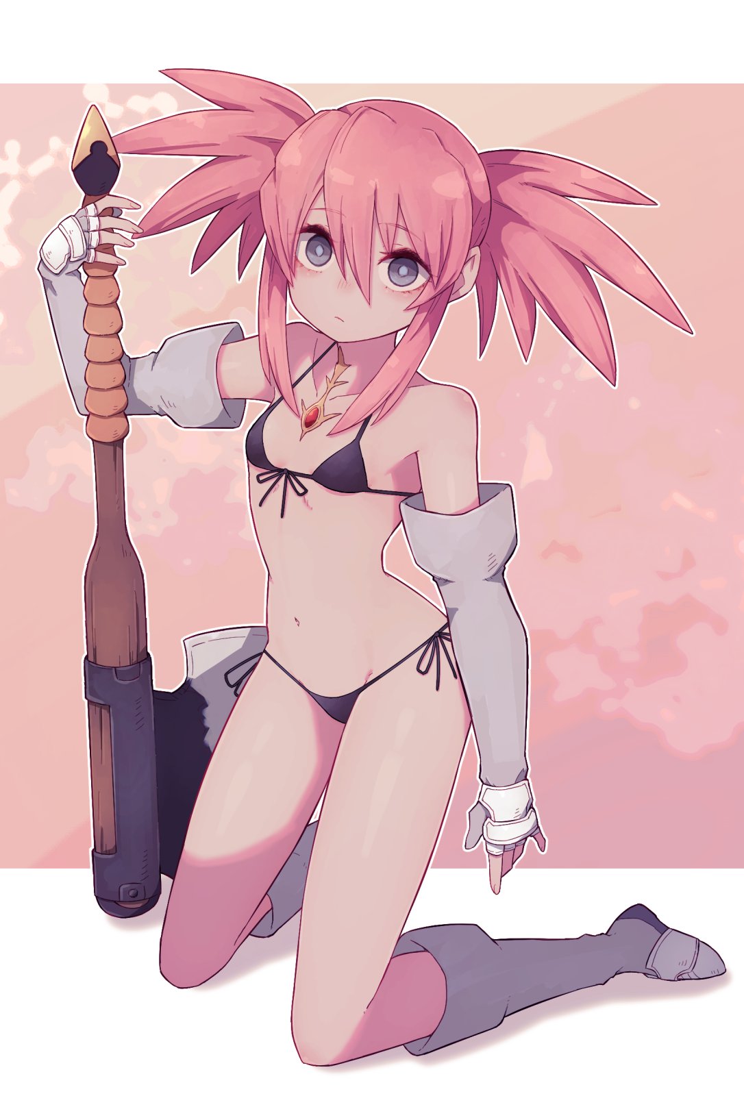 1girls axe bikini breasts full_body kneeling lamb-oic029 presea_combatir small_breasts solo tales_of_(series) tales_of_symphonia