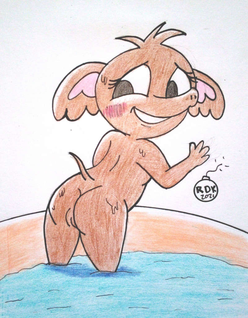 anthro ass bing_(series) blush blush_lines brown_body cartoon_network cub elephant elephantid female genitals looking_back mammal nude outside pool proboscidean pussy reddragonkan smile solo sula_(bing) traditional_media_(artwork) trunk water