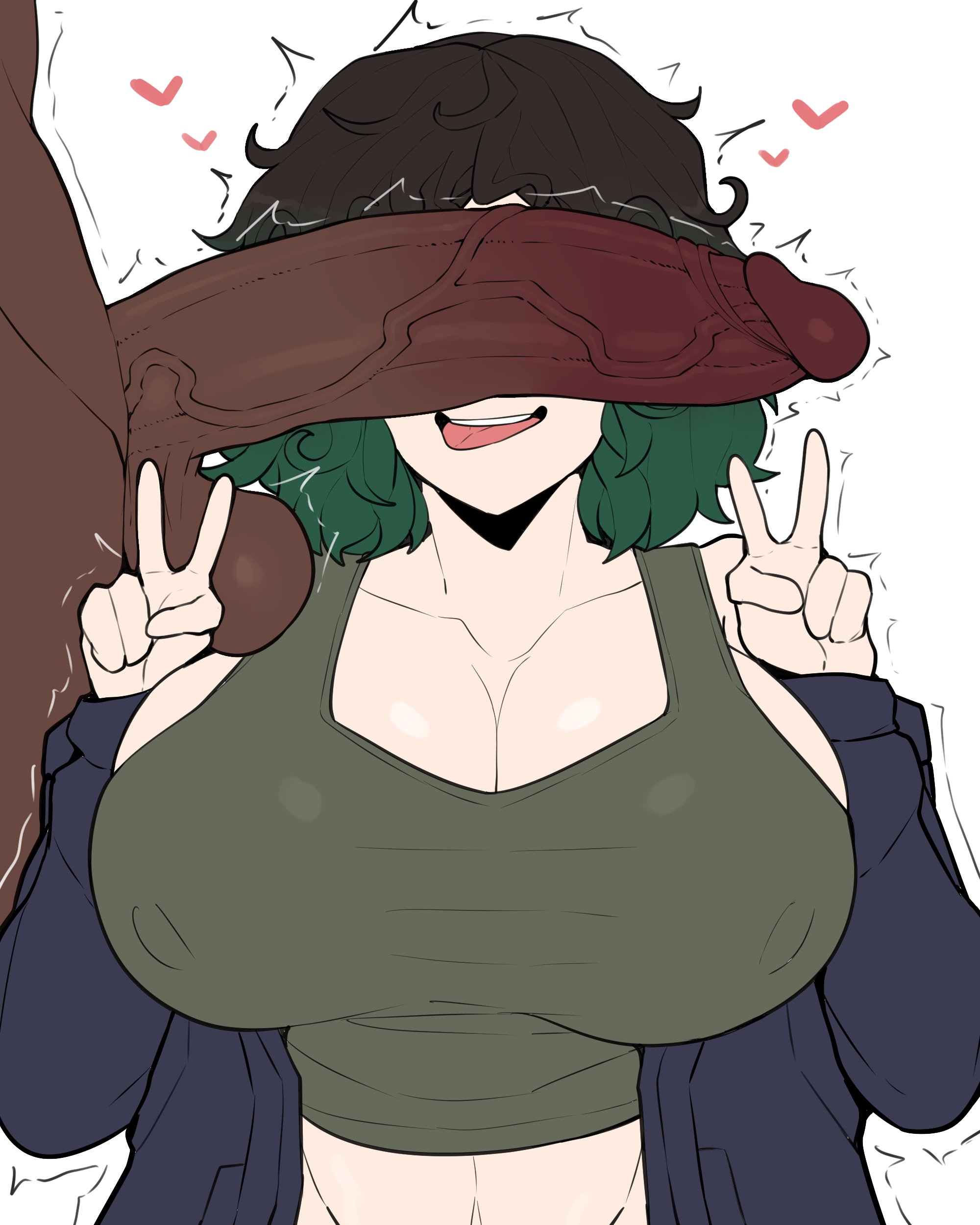 1boy, 1girls, breasts, cant see the haters, cleavage, clothed female, commission, dark skin, dark-skinned male, eyes covered, female, hi res, horu, huge breasts, huge cock, interracial, large breasts, light skin, light-skinned female, long hair, male, massive breasts, original, original character, peace sign, penis, penis in front of face, penis over eyes, tongue, tongue out, unseen male face