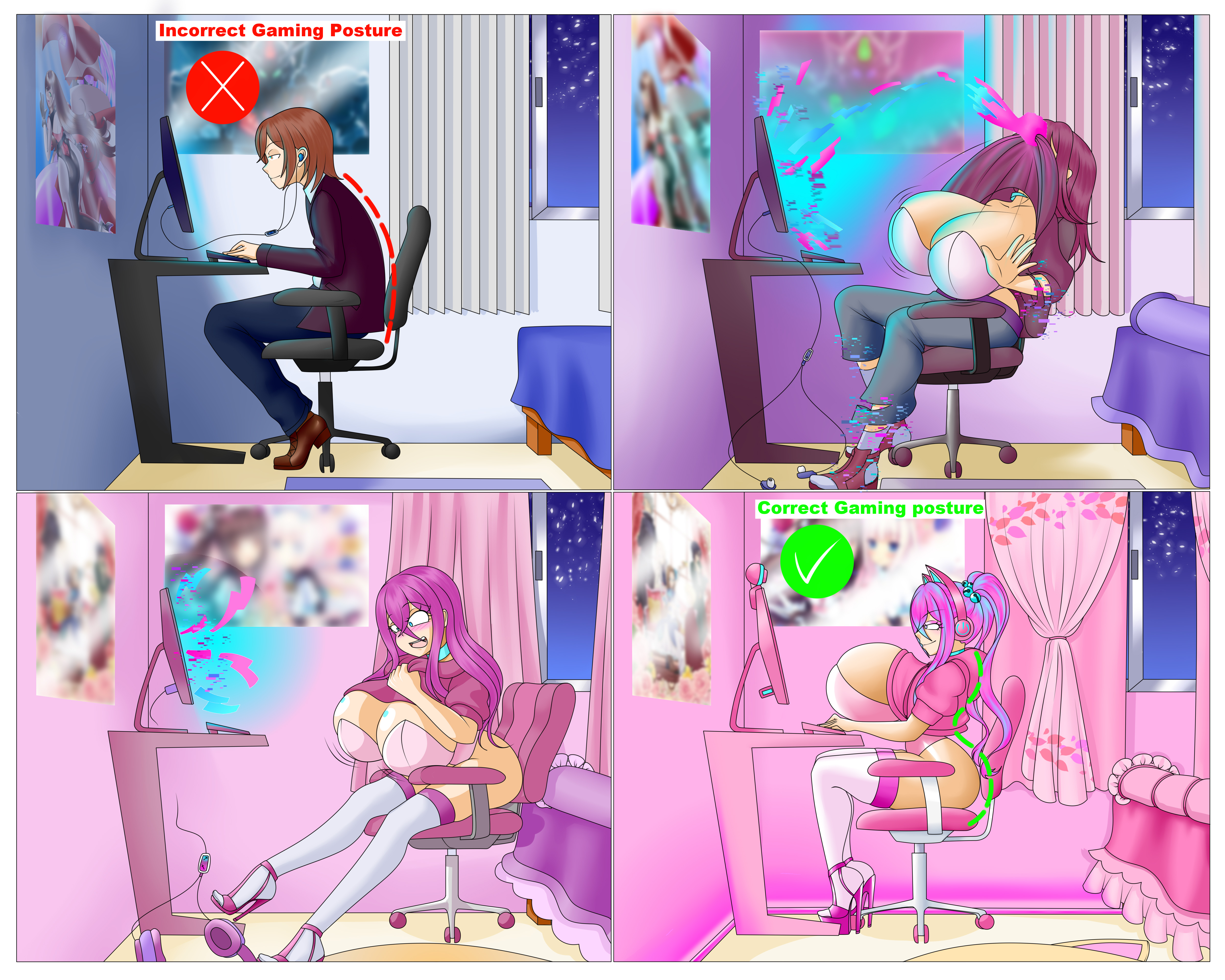 bimbofication, correct gaming posture (meme), english text, female, gender transformation, kellymorgon, membrane (anatomy), mtf transformation, shirt lift, text, transformation