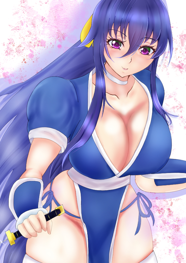 akiyama_rinko artist_request blue_hair blush breasts cleavage closed_mouth cosplay dead_or_alive kasumi_(doa) kasumi_(doa)_(cosplay) large_breasts long_hair naked_under_clothes no_bra no_panties no_underwear purple_eyes smile solo sword taimanin_(series) taimanin_yukikaze weapon