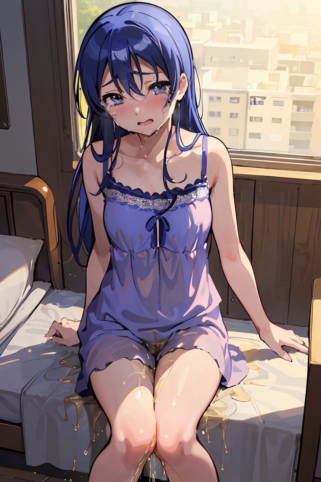 ai generated, bedroom, blue hair, blush, breasts, desperation, embarrassed, female, love live!, love live! school idol project, nightgown, peeing, peeing self, sitting, sitting on bed, small breasts, solo, solo female, sonoda umi, tears, wetting, wetting clothing