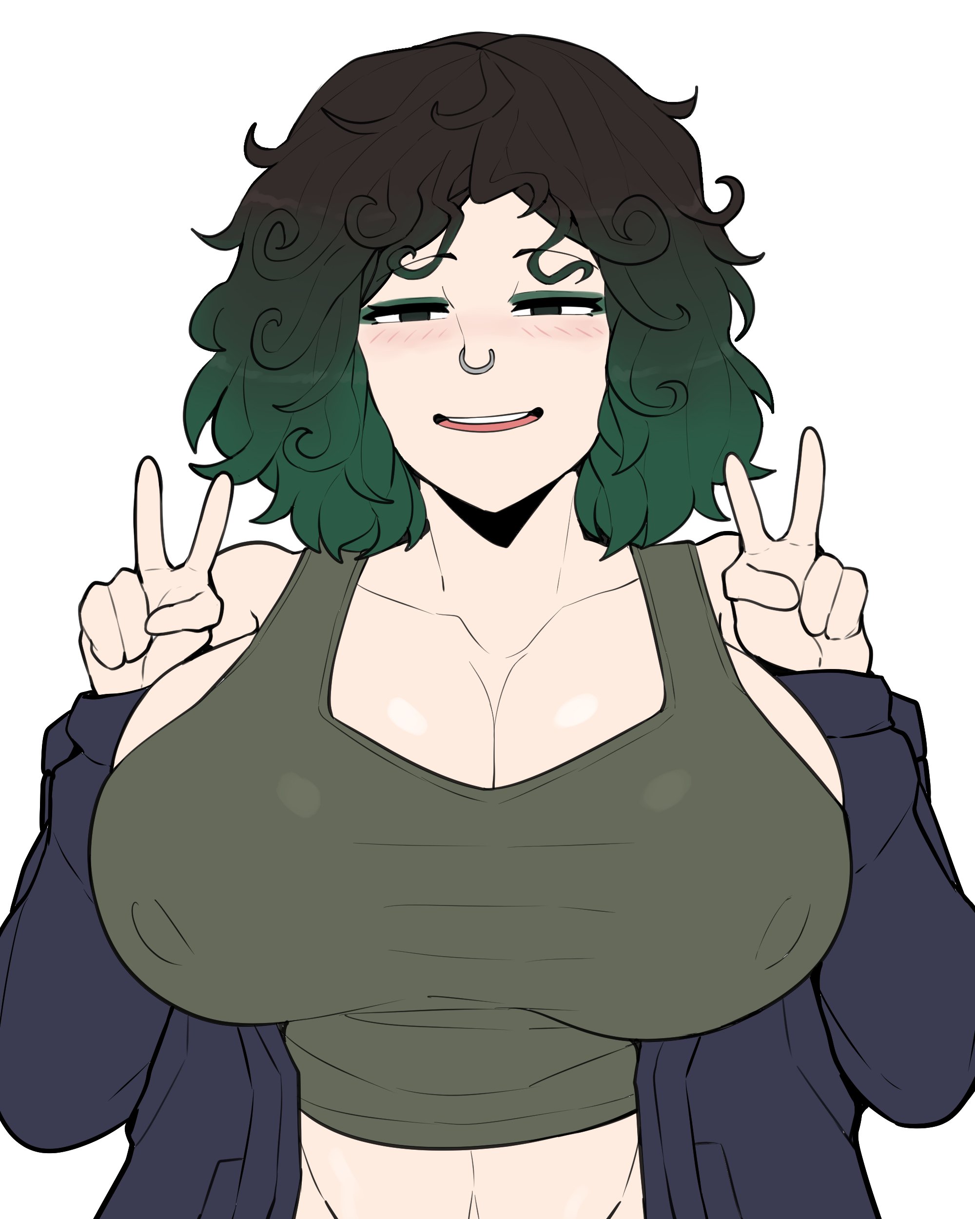 1girls, big breasts, blush, breasts, cleavage, clothed female, commission, female, female focus, female only, green hair, half-closed eyes, hi res, horu, huge breasts, large breasts, light skin, light-skinned female, long hair, massive breasts, mouth open, nose piercing, original, original character, peace sign, solo, white background