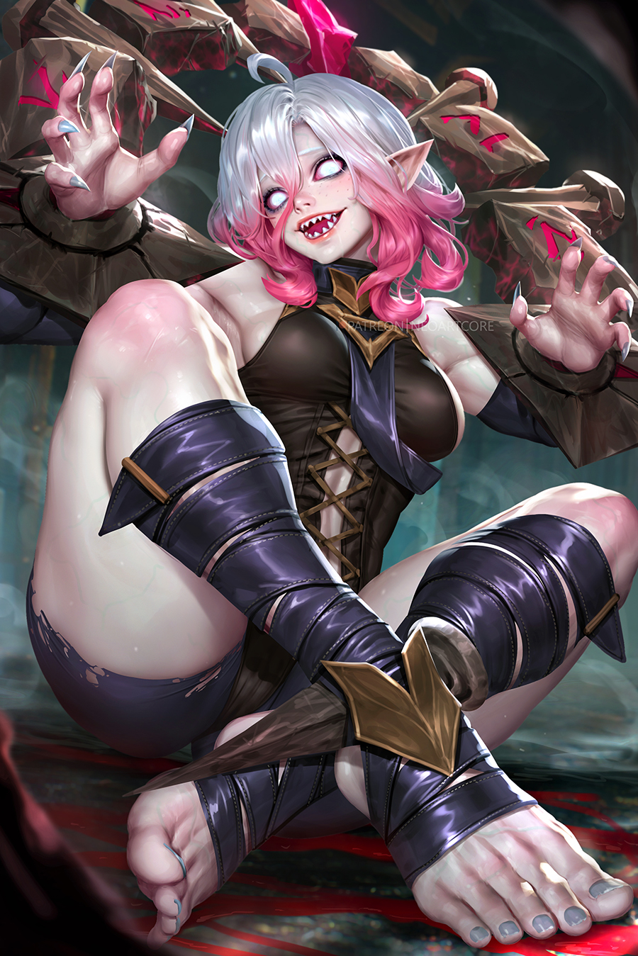 1girls, breasts, briar (league of legends), fangs, feet, female, female only, league of legends, neoartcore, painted fingernails, painted nails, pillory, prisoner, riot games, sharp fingernails, sideboob, thick, thick thighs, white eyes