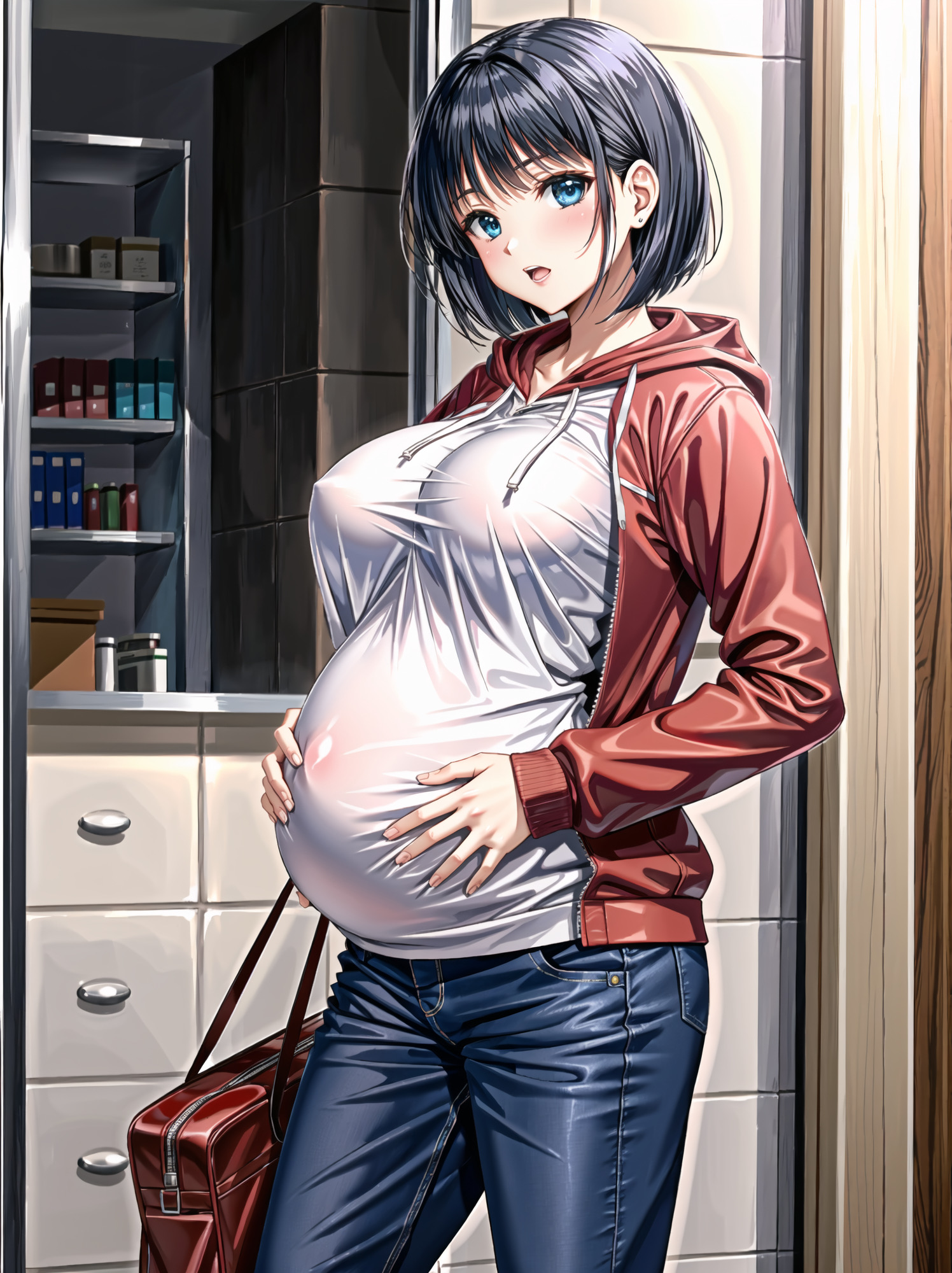 ai generated, black hair, blue eyes, blush, clothing, female, hands on stomach, jeans, kirigaya suguha, open mouth, pregnant, pregnant belly, pregnant female, shirt, short hair, sword art online