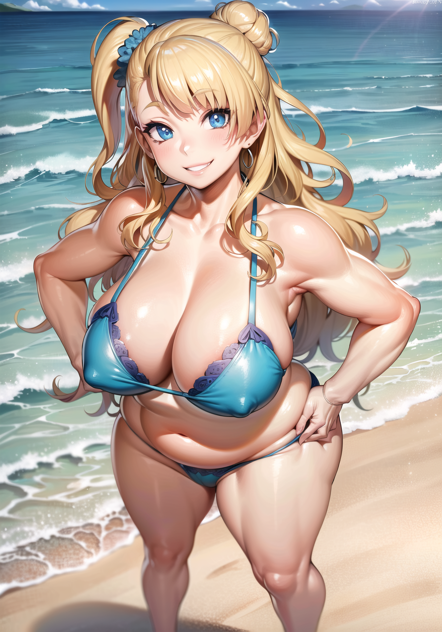 1girls ai_generated beach big_breasts bikini blonde_hair blue_eyes breasts curvaceous curvy curvy_female curvy_figure eyes female female_only galko hair_bun hair_ornament hands_on_hips large_breasts navel oshiete!_galko-chan side_bun smile smiling stable_diffusion standing thick thick_thighs voluptuous voluptuous_female wide_hips