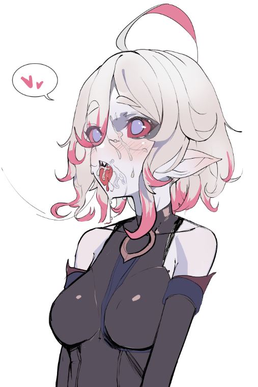 1girls, 2d, breasts, briar (league of legends), clothed, color, colored, cum on face, female, female focus, league of legends, light skin, light-skinned female, male, nails, penis, sharp fingernails, sharp teeth, small breasts, spoken heart, unseen male face, vampire, white hair