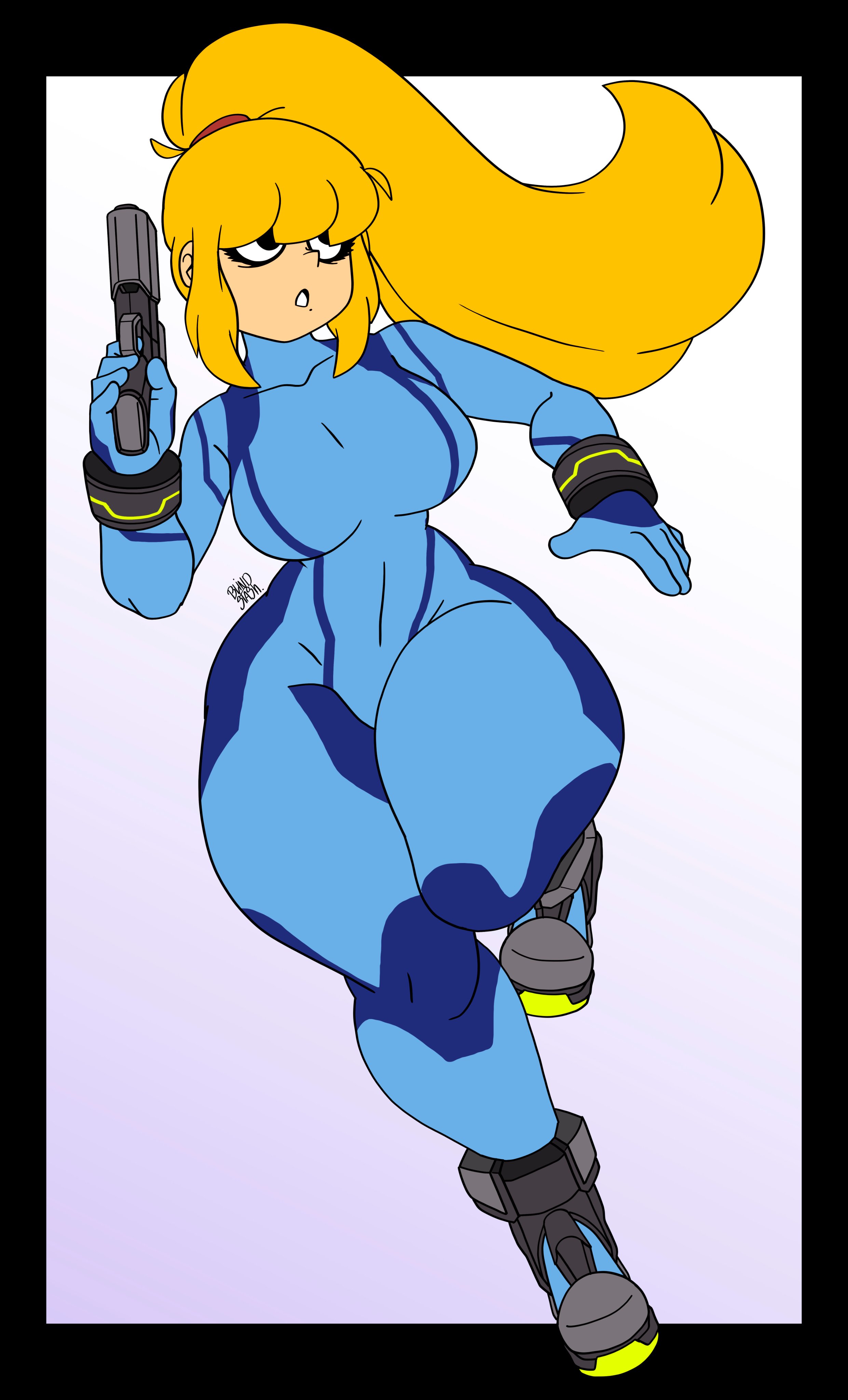 big breasts, blindstash, blonde female, blonde hair, breasts, child bearing hips, female, hips, light skin, light-skinned female, looking up, metroid, mole under mouth, ponytail, samus aran, skintight, skintight bodysuit, thick thighs, thighs, video game character, video games, wide hips
