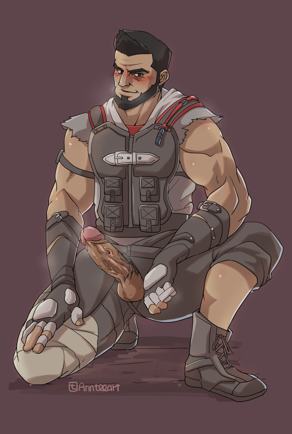 1boy anntee bending_down big_penis black_hair blush brown_eyes brown_skin clothed horny horny_male kneeling male male_only middle_eastern muscular muscular_male oryx_(rainbow_six) penis_out purple_background rainbow_six rainbow_six_siege smile solo solo_male spread_legs