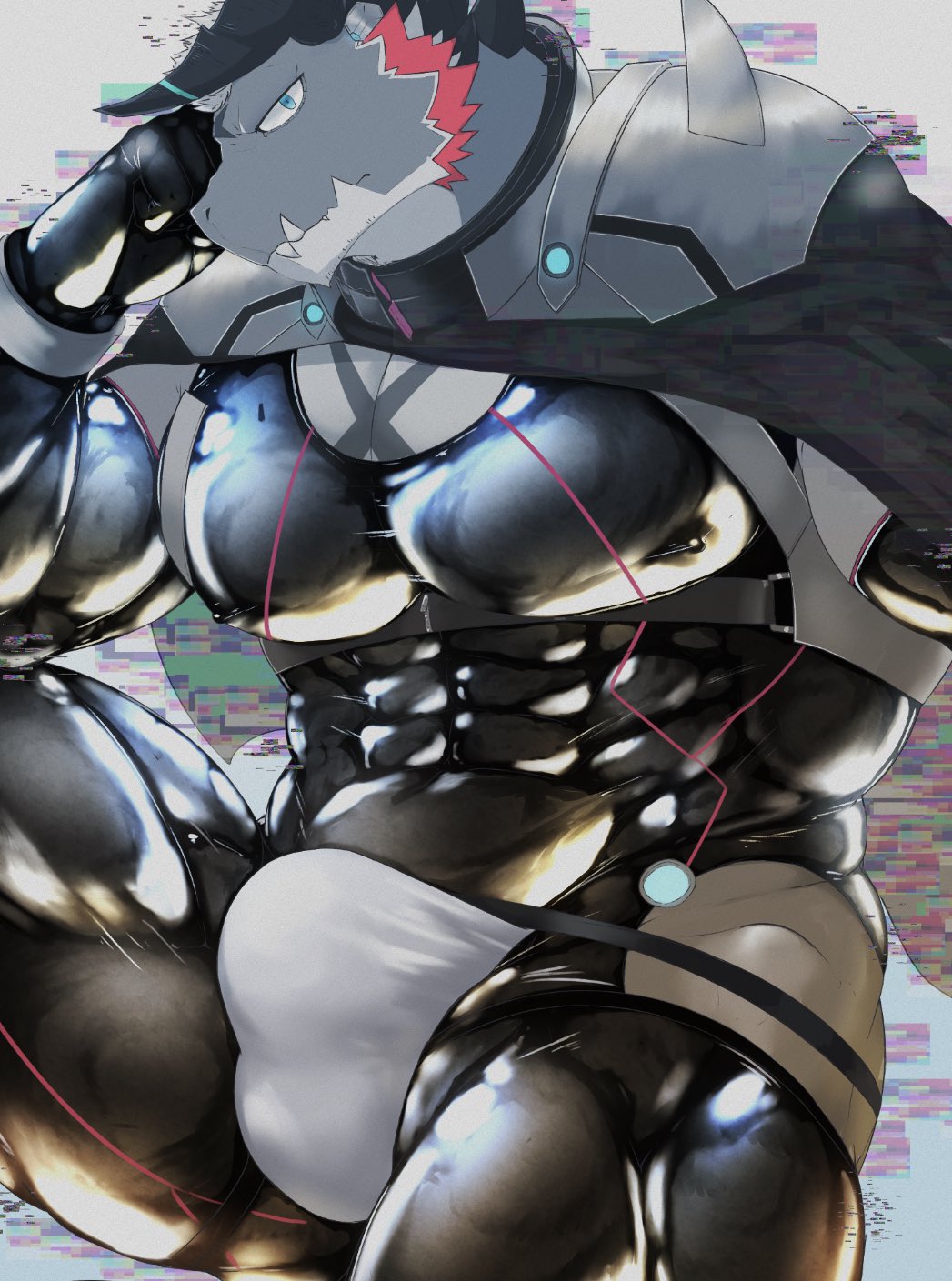 abs anthro bodysuit bulge detailed_bulge dragon giansar grey_body hair hi_res latex lifewonders live_a_hero male muscular muscular_anthro muscular_male pecs sai_take skinsuit solo supervillain tight_clothing white_hair