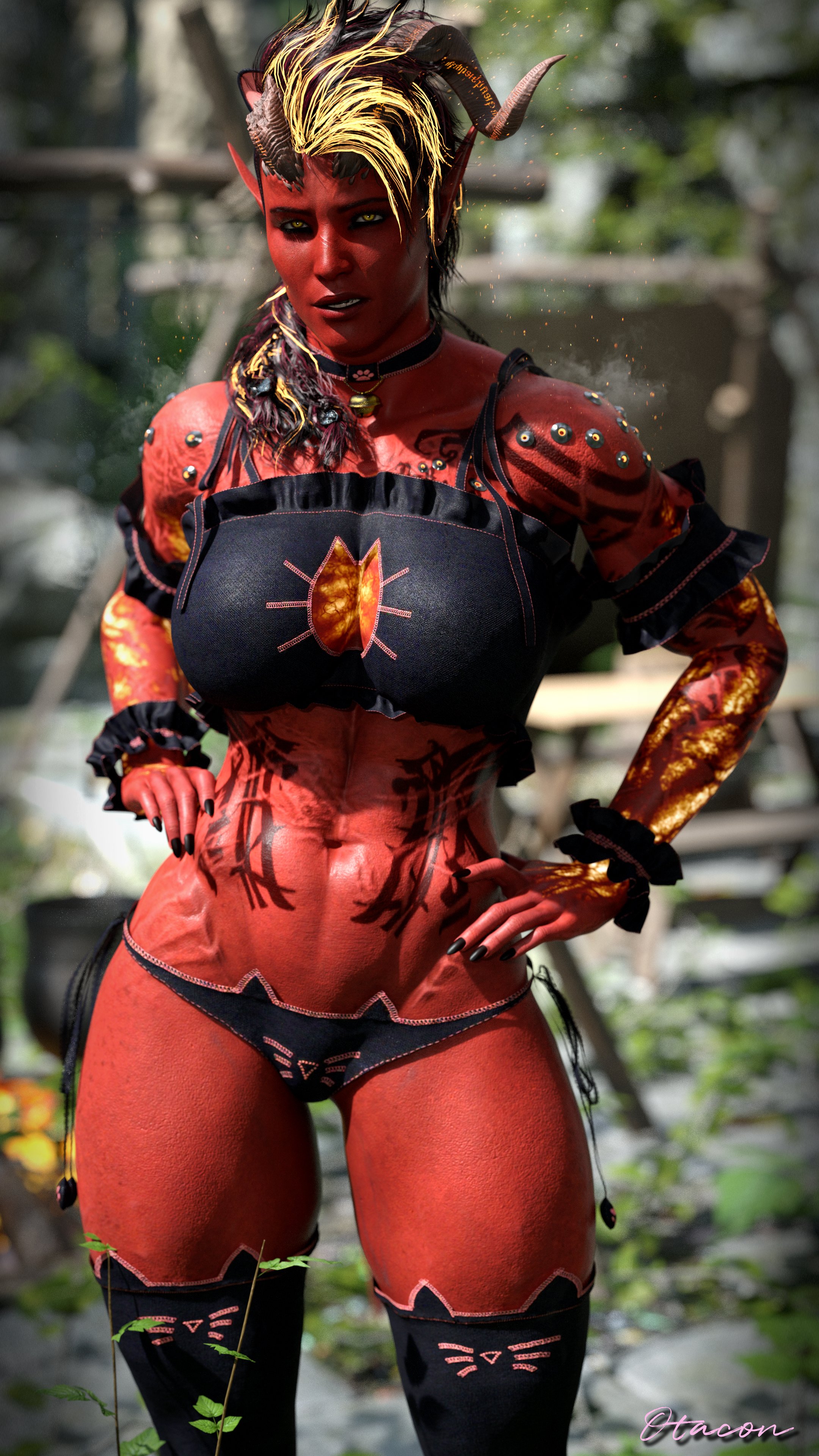 3d, 3d model, abs, ass, athletic, athletic female, baldur's gate, baldur's gate 3, big ass, big breasts, breasts, cat ears, cat girl, cat tail, choker, demon tail, dungeons and dragons, female, female only, fit, fit female, forgotten realms, horns, karlach, muscular, muscular female, otacon212, red skin, skimpy, skimpy clothes, tail, thick thighs