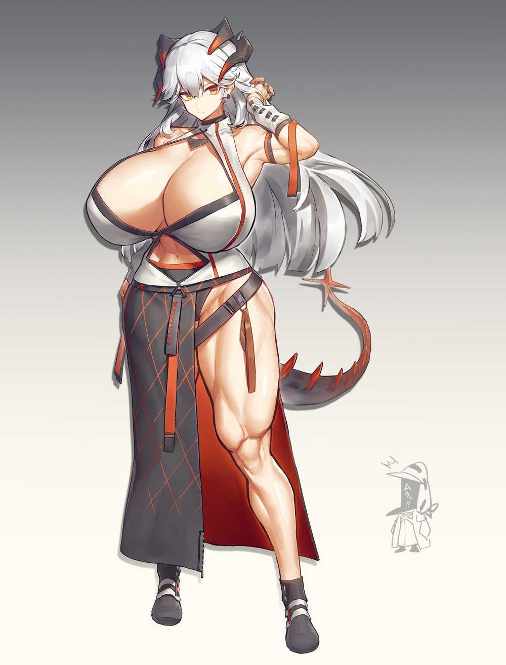 abs, alternate breast size, alternate costume, arknights, big breasts, breasts, cleavage, curvy, demon, demon girl, demon horns, dress, female, huge breasts, light skin, light-skinned female, long hair, mature female, melon22, muscular, muscular female, muscular legs, muscular thighs, orange hair, pale skin, pale-skinned female, saria (arknights), silver hair, thick thighs