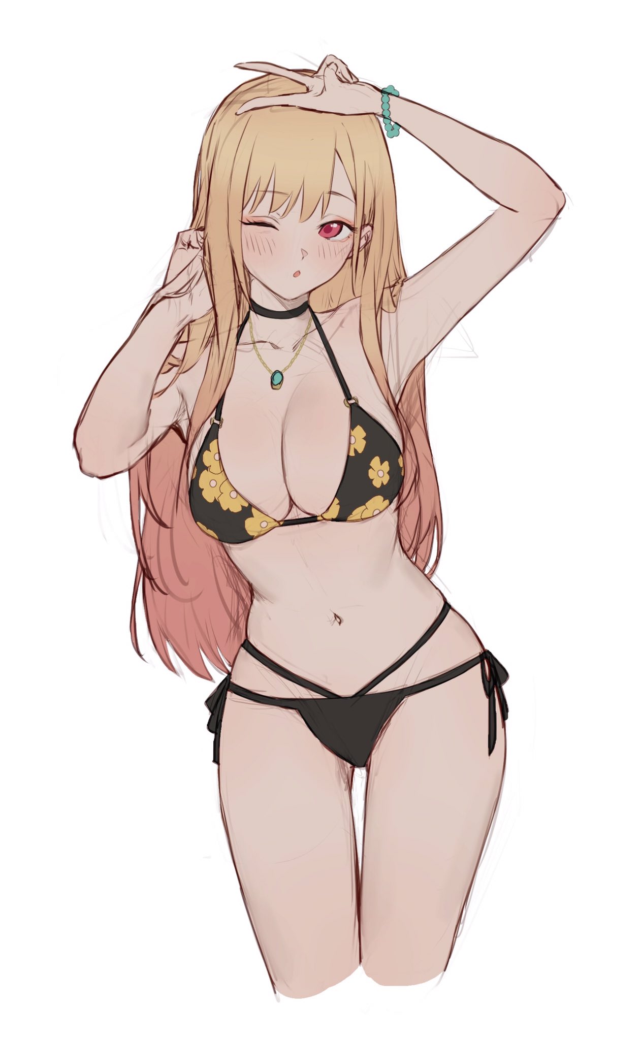 ;o, 1girls, arm up, bikini, black bikini, blonde hair, blush, breasts, choker, cleavage, female, jewelry, kitagawa marin, large breasts, midriff, necklace, peace sign, red eyes, side-tie bikini, solo, sono bisque doll wa koi wo suru, sooon, swimsuit, thighs
