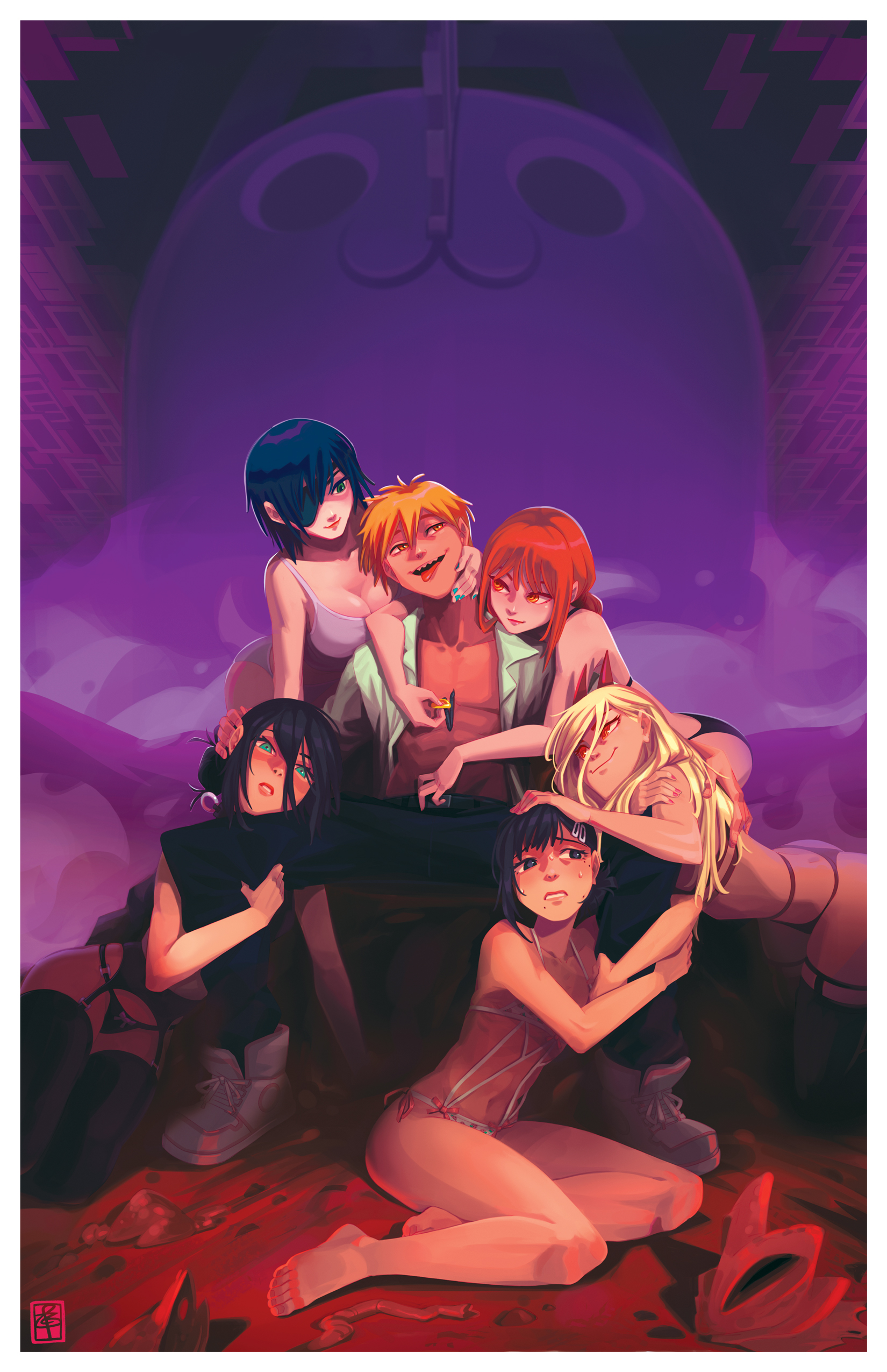 1boy, 5girls, ass, big ass, big breasts, breasts, chainsaw man, cleavage, denji (chainsaw man), female, harem, higashiyama kobeni, himeno (chainsaw man), makima (chainsaw man), male, mappa, pochita (chainsaw man), power (chainsaw man), reze (chainsaw man), surrounded, thick thighs