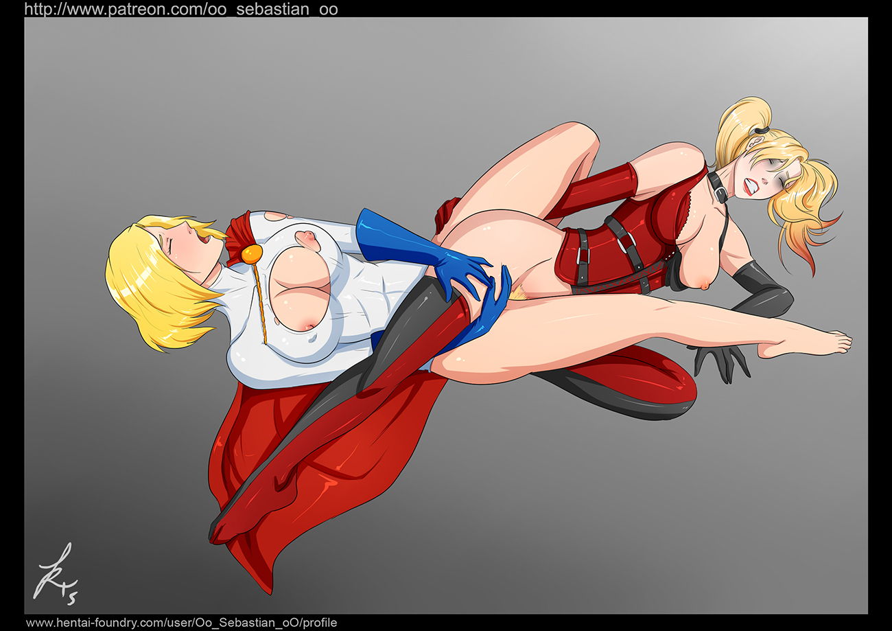 2girls, abs, areolae, barefoot, batman (series), blonde hair, blonde pubic hair, boob window, bottomless, breast window, breasts, breasts out, cape, choker, closed eyes, clothing, clothing damage, damaged clothes, dc, dc comics, elbow gloves, feet, female, female only, gloves, gritted teeth, harley quinn, kara zor-l, karen starr, latex, looking pleasured, mascara smear, multiple females, multiple girls, muscular, muscular female, nipple bulge, nipples, one breast out, one breast out of clothes, oo sebastian oo, open mouth, partially clothed, plain background, ponytail, ponytails, power girl, pubic hair, scissor position, scissoring, short hair, straps, superman (series), thighhighs, toes, torn clothing, tribadism, two-tone clothing, watermark, white face, yuri