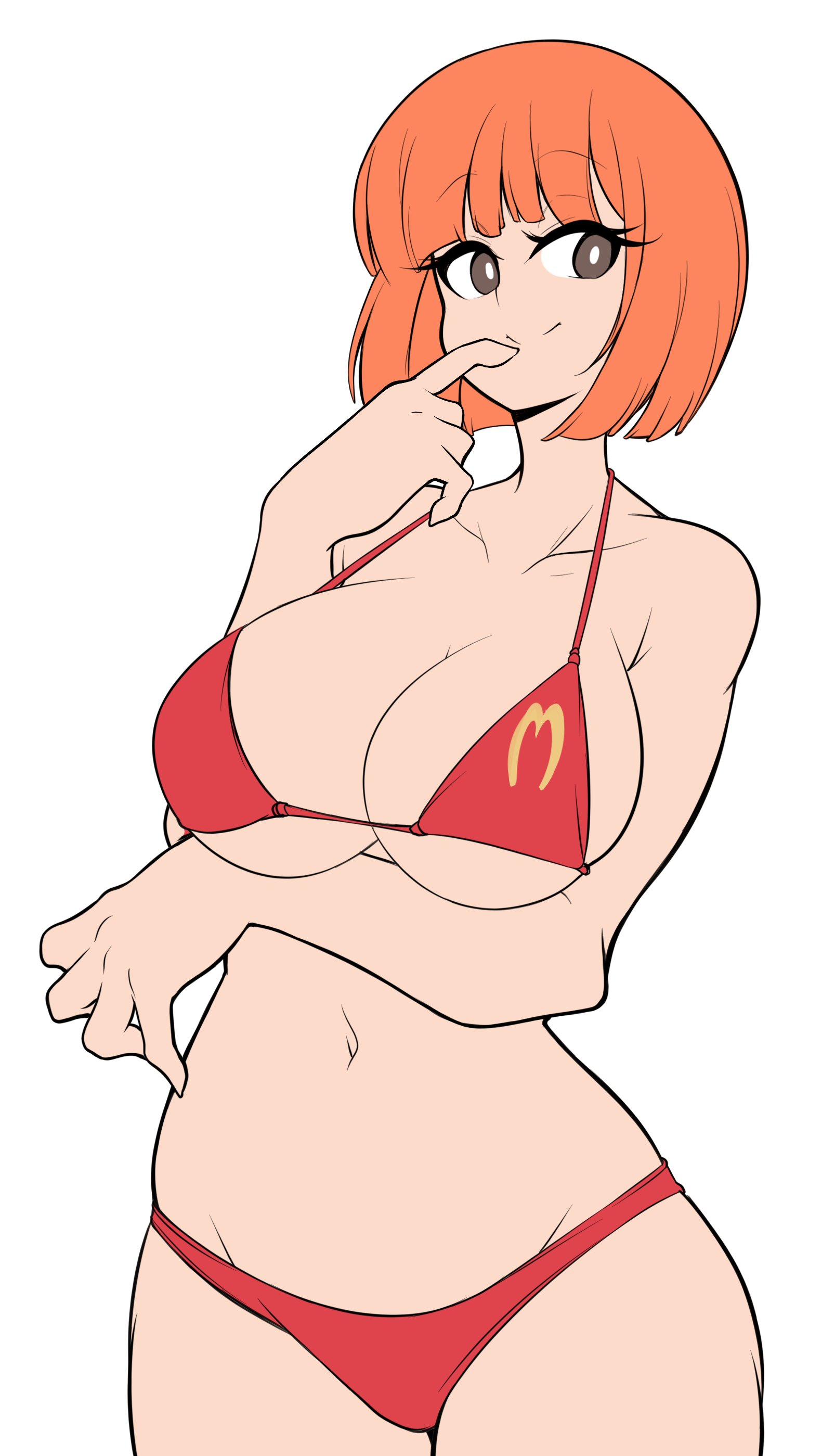 1girls, arm under breasts, big breasts, bikini, breast hold, breasts, busty, corporation bikini, corporation logo, female, female only, large breasts, legs, lucyfercomic, mature, mature female, mcdonald's, mcdonalds bikini, milf, mom (japanese mcdonald's commercial), navel, red bikini, sensual, smile, solo, thighs, yoru mac