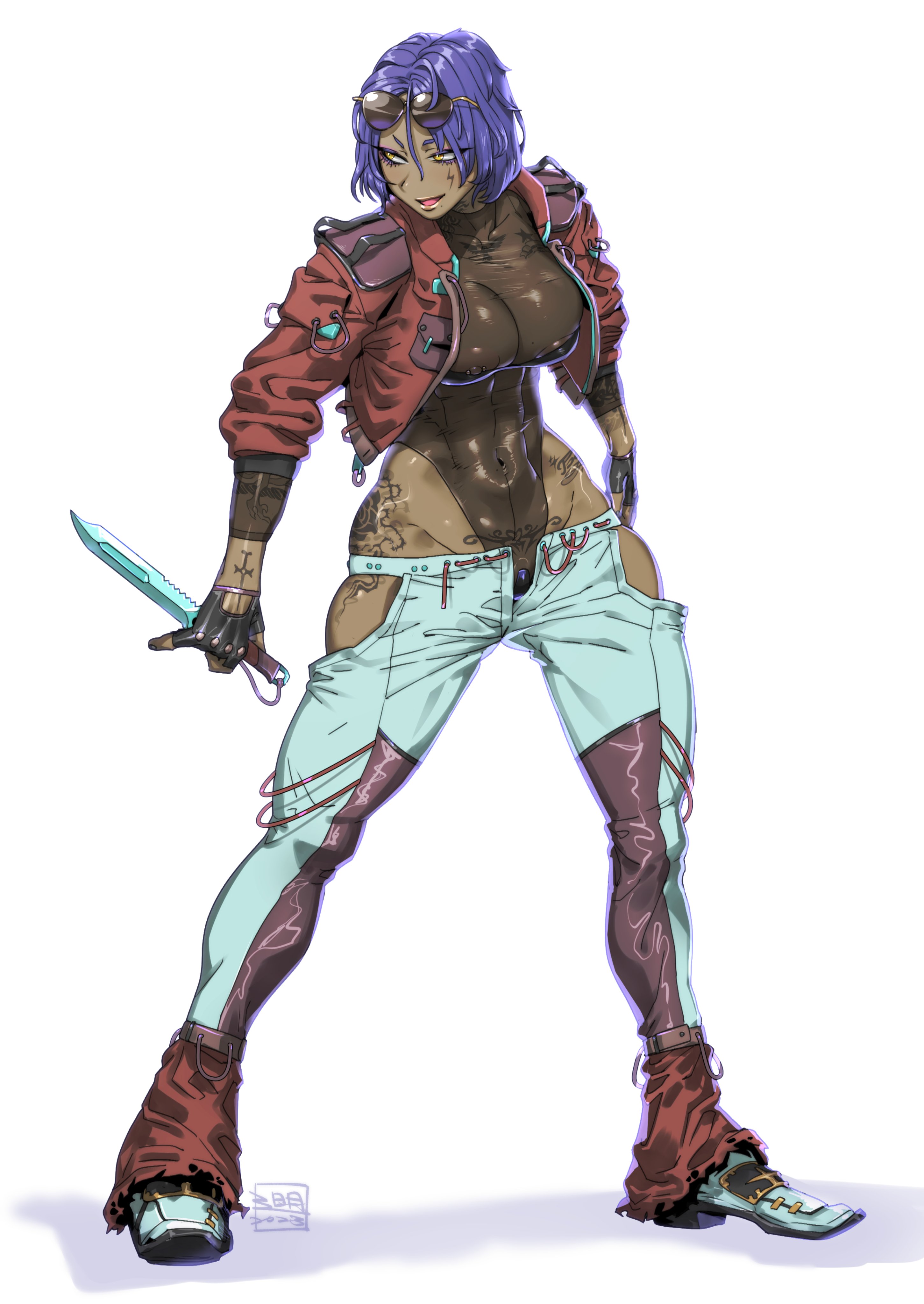 1girls, 2023, dark skin, dark-skinned female, female, female only, full body, fully clothed, glasses, glasses on head, knife, lilminindahouse, no nostrils, oc, original, original character, original characters, punk, punk girl, purple hair, scar, simple background, small nose, solo, solo female, solo focus, tattoo, tattoo on belly, tattoo on chest, tattoo on face, tattoos, weapon, white background, yellow eyes
