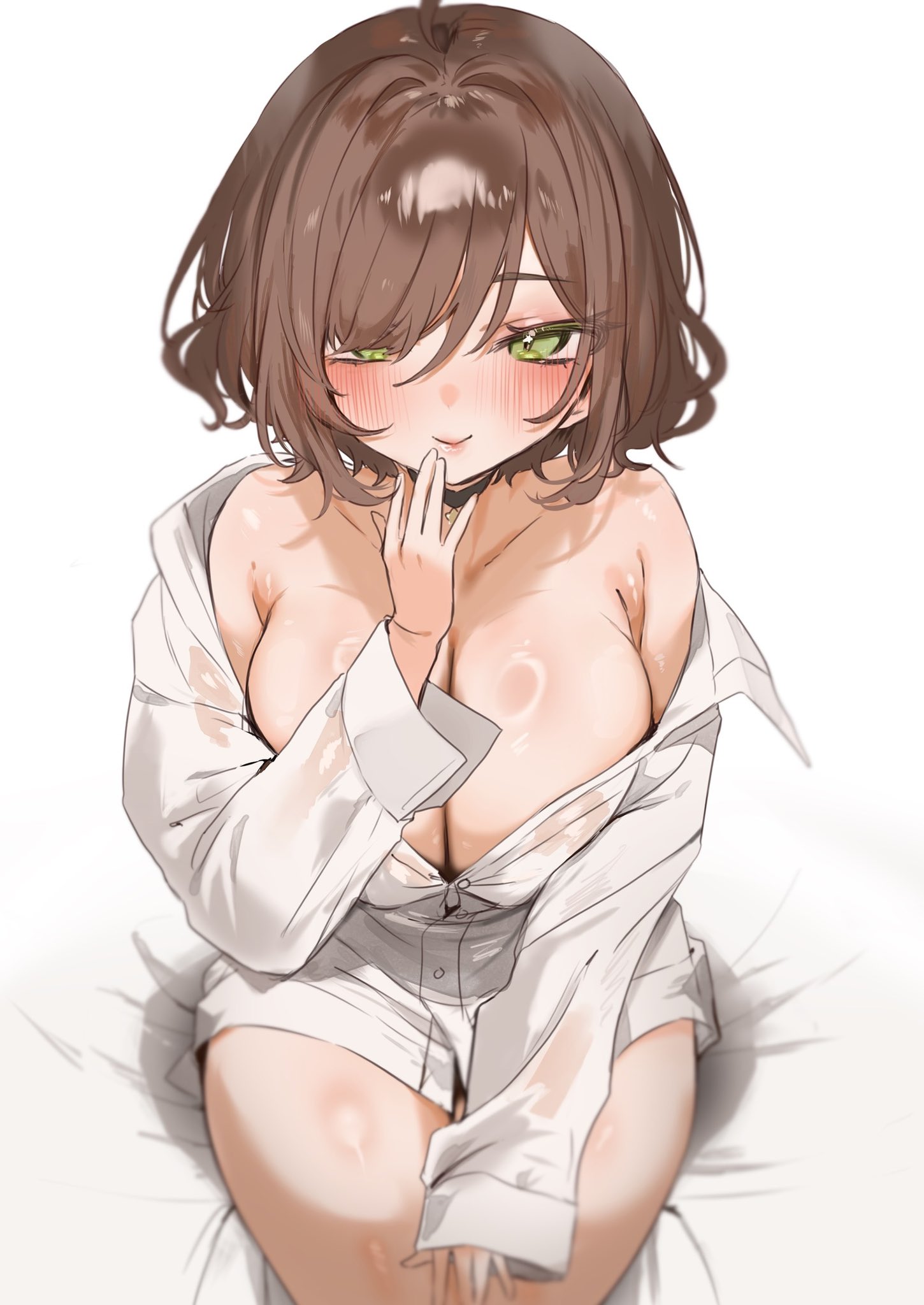 1girls, blush, breasts, brown hair, cleavage, female, female only, green eyes, huge breasts, indie virtual youtuber, inviting, light skin, light-skinned female, looking at viewer, masa (ikou 56), miori celesta, on bed, seductive, sitting on bed, solo, tsunderia, virtual youtuber