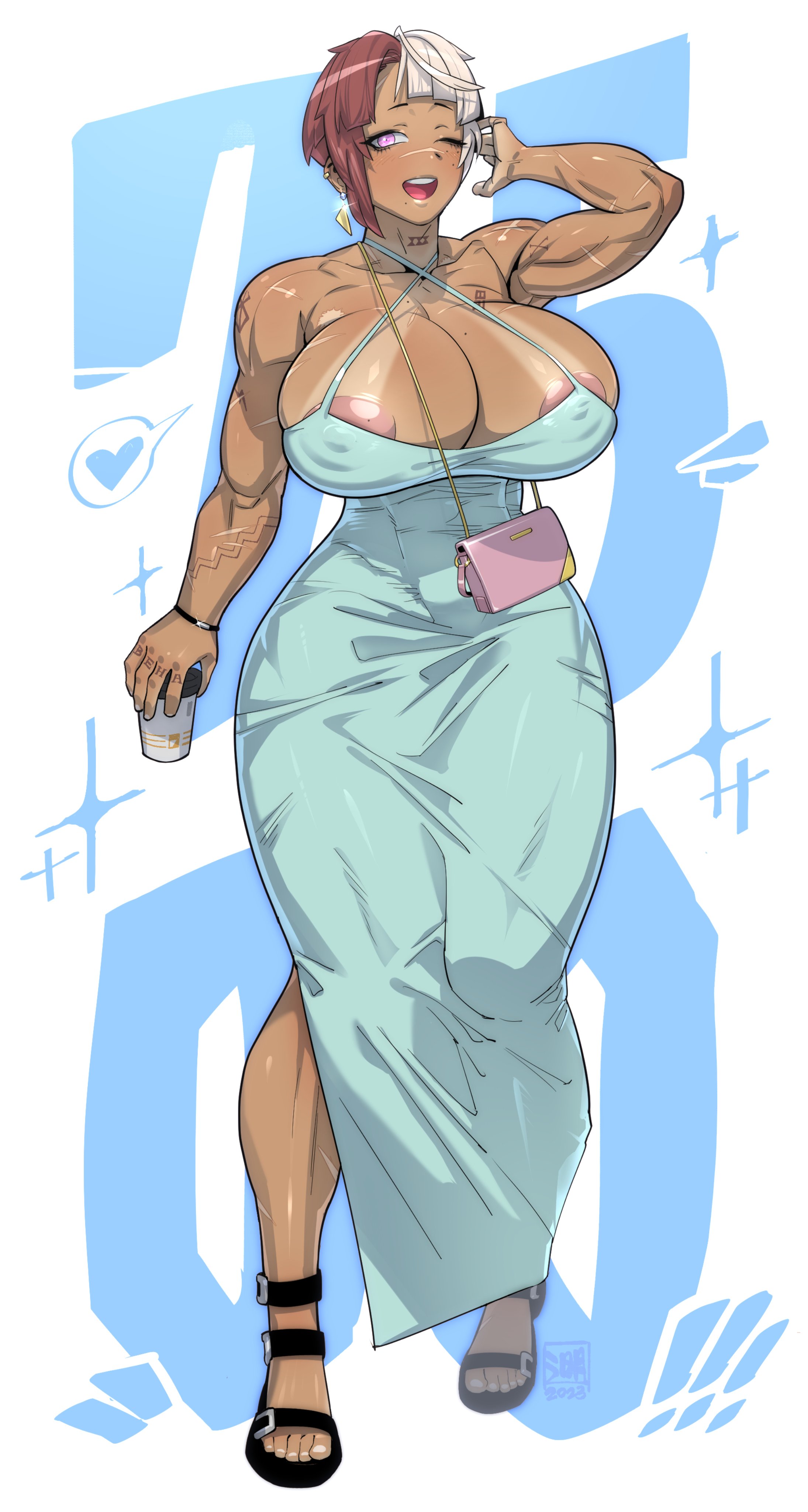 1girls, 2023, areolae, ass, big breasts, blinking, breasts, coffee, coffee cup, coffee mug, dress, dressed, earrings, female, female only, full body, huge breasts, large ass, lilminindahouse, muscular, nipples, one eye closed, open mouth, original, original character, original characters, purple eyes, red hair, rhea (original character), scar, scars, scars all over, shorts, simple background, smile, smiling, solo, solo female, solo focus, tan fur, tan skin, tanned, tattoo, tattooed arm, tattoos, two-tone hair, white hair