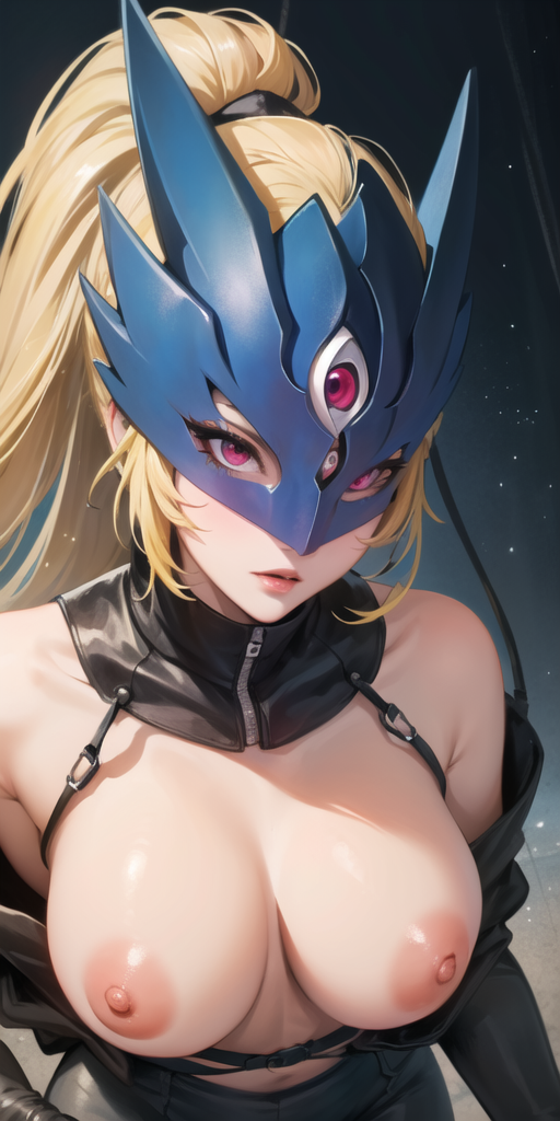 1girls 3_eyes ai_generated beelstarmon blonde_hair breasts breasts_out digimon long_hair mask pink_eyes ponytail