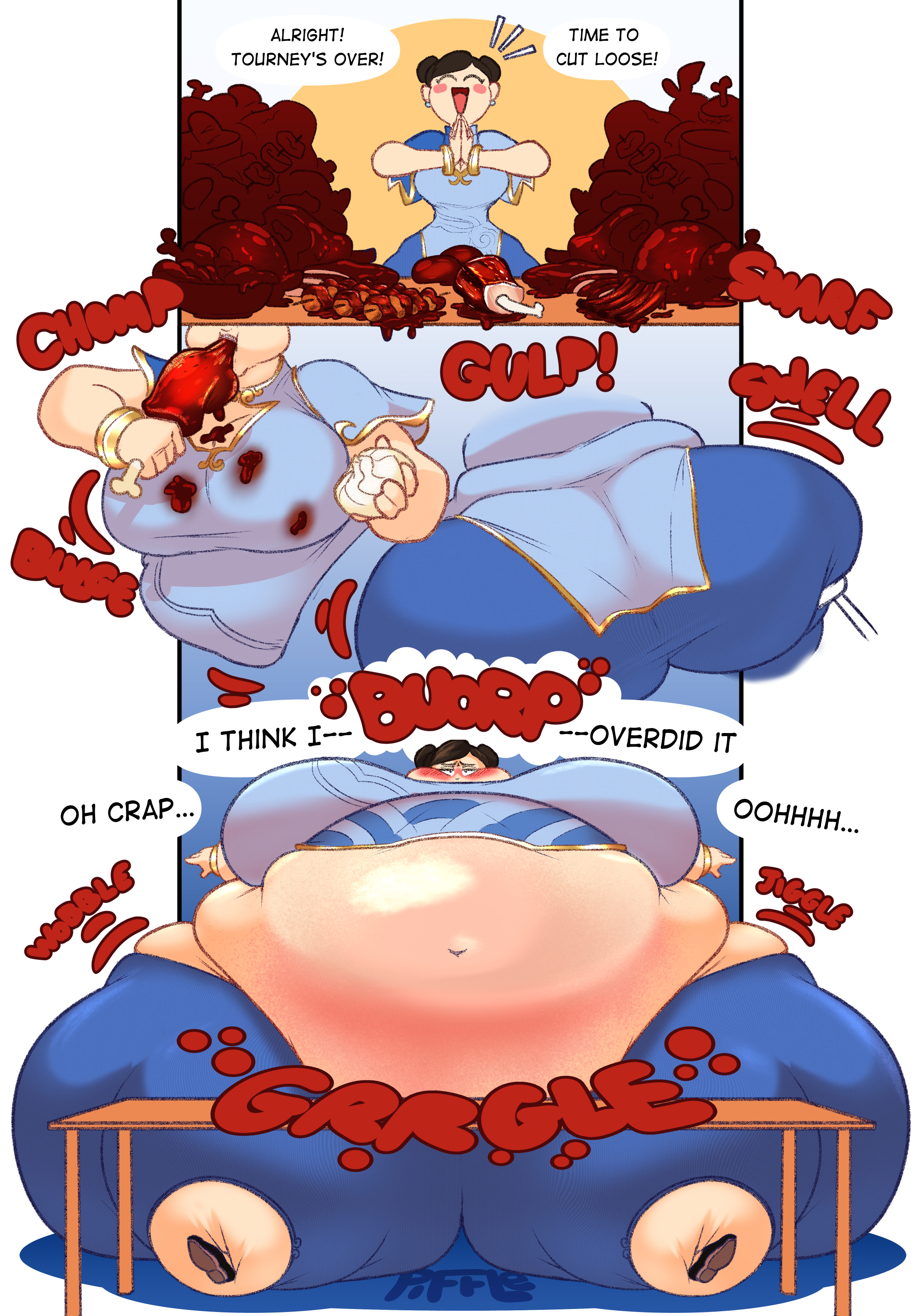 1girls, 2d, ass, big ass, big breasts, breasts, chun-li, fat, female, huge belly, immobile, obese, onomatopoeia, overweight, piffledoodle, spherical inflation, stomach noises, street fighter, street fighter 6, thick thighs
