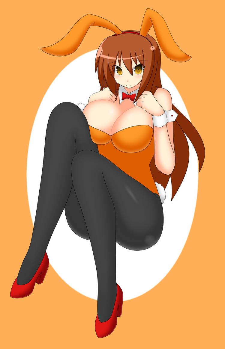 aki_(somegu) animal_ears big_breast big_breasts bowtie bowtie_collar brown_hair brown_hair_female bunny_costume bunny_ear bunny_ears bunny_girl bunny_tail bunnygirl bunnysuit huge_breast huge_breasts large_breast large_breasts long_brown_hair long_hair_female somegu yellow_eyes