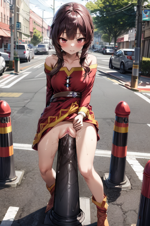 1girls ai_generated aiartz blush blush_lines blushing_at_viewer bollard_insertion bottomless brown_hair collarbone deep_penetration dildo dildo_in_pussy dildo_insertion dildo_sitting exposed_shoulders female female_only hair hair_between_eyes kono_subarashii_sekai_ni_shukufuku_wo! looking_at_viewer looking_pleasured massive_dildo medium_breasts megumin pale-skinned_female pale_skin partially_clothed penetration public public_masturbation public_nudity red_eyes sex_toy sidelocks solo solo_female vaginal vaginal_insertion vaginal_juices vaginal_masturbation vaginal_object_insertion vaginal_penetration