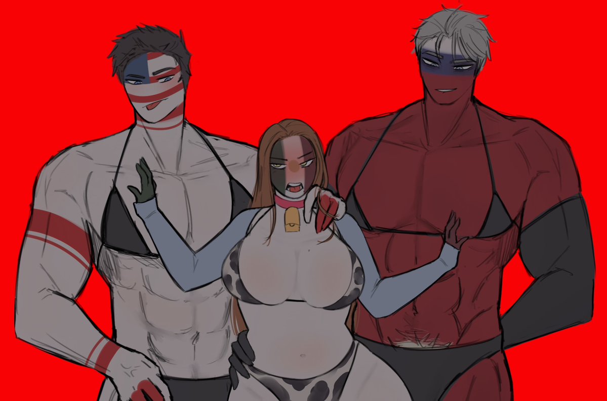 1girls 2boys big_breasts black_hair blush countryhumans countryhumans_girl female idkcocco male markings mexico_(countryhumans) muscular muscular_male pubic_hair red_background russia_(countryhumans) simple_background united_states_of_america_(countryhumans) white_body white_skin