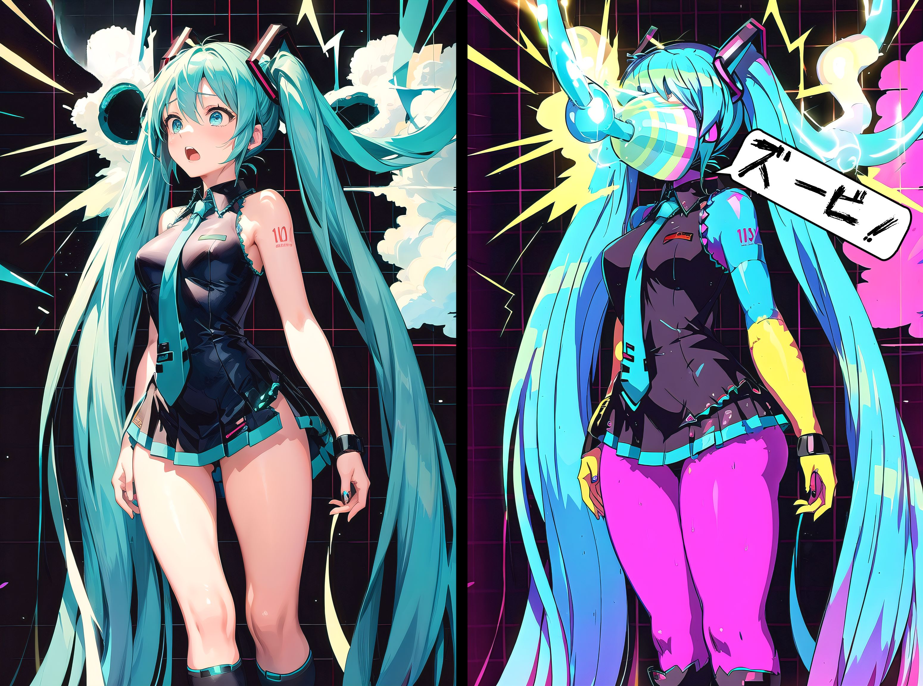 1girl, 1girls, ai generated, aqua eyes, aqua hair, aqua nails, aqua necktie, arms at sides, ass expansion, ass visible through thighs, bangs, bare shoulders, before and after, black skirt, blush, body modification, boots, breast expansion, breast growth, breast growth (enlargement), breasts, corruption, deltarune, dress, face fucking, feet out of frame, female, female only, forced, gloves, hair ornament, hatsune miku, kneehighs, long hair, medium breasts, megaphone, mind control, miniskirt, multiple views, nail polish, necktie, number tattoo, open mouth, pleated skirt, ripped clothing, shirt, shoulder tattoo, skirt, sleeveless, sleeveless shirt, socks, solo, solo female, solo focus, standing, tattoo, thighs, transformation, twintails, very long hair, vocaloid, were, werewire