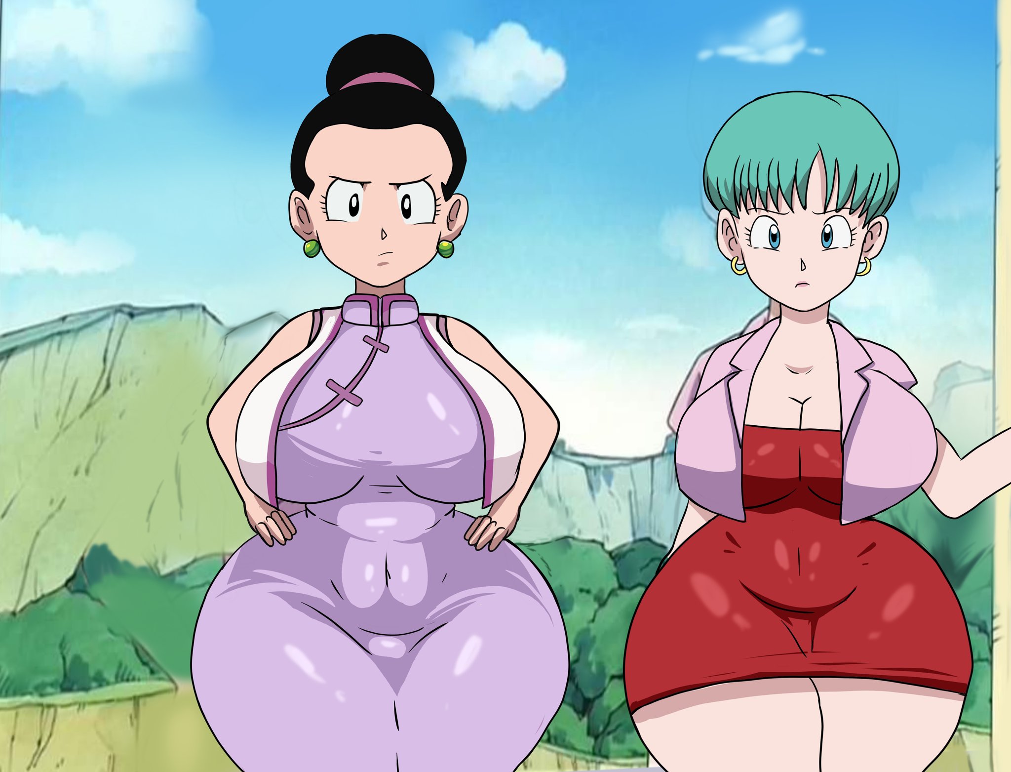 2d, 2girls, ass, big ass, big breasts, big butt, black hair, breasts, bulma briefs, chichi, chichi (majin buu saga), concerned, cyan hair, dragon ball, dragon ball z, fat ass, female, francyart34, full color, fully clothed, hands on hips, no penetration, pouting, thick, thick ass, thick thighs, voluptuous, wide hips