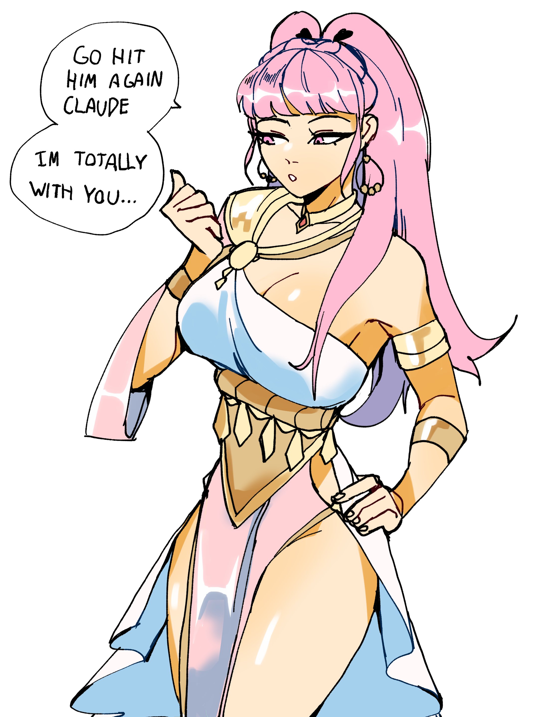 1girls, 3amsoda, absurdres, alternate costume, armlet, armpit crease, bangs, bare thighs, blunt bangs, breasts, choker, cleavage, commentary, dancer, dancer (three houses), dot nose, dress, earrings, english text, female, female only, fire emblem, fire emblem: three houses, gold trim, hand on own hip, highres, hilda valentine goneril, hoop earrings, jewelry, large breasts, long hair, nintendo, official alternate costume, pelvic curtain, pink dress, pink eyes, pink hair, ponytail, simple background, single bare shoulder, solo, speech bubble, text, thighs, white background