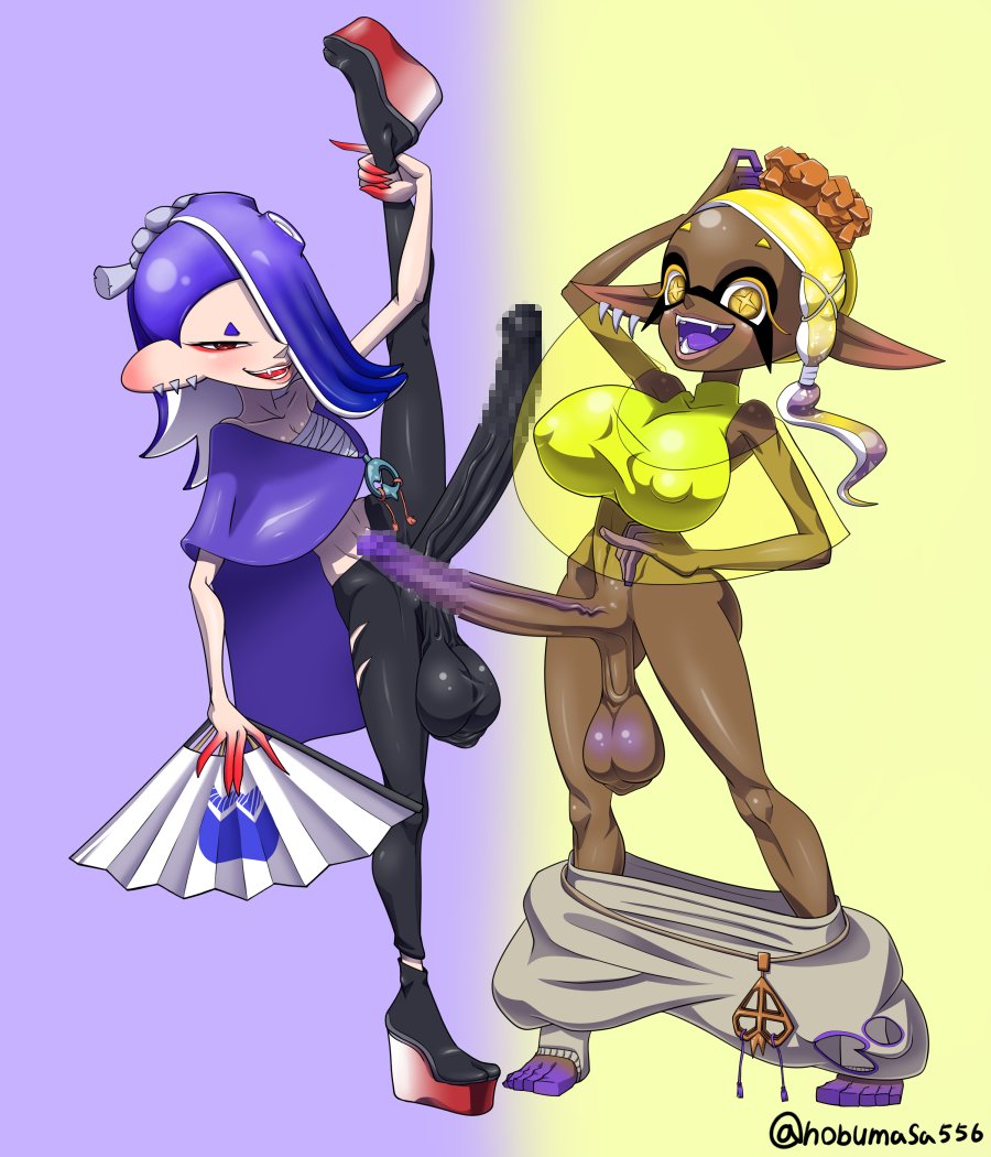 2futas balls big_balls big_breasts big_penis bottomless breasts censored censored_penis clothed clothing dark-skinned_futanari dark_skin duo erection frye_(splatoon) fully_clothed futa_only futanari huge_balls huge_cock humanoid humanoid_penis impossible_clothes inkling inkling_girl light-skinned_futanari light_skin mosaic_censoring nipple_bulge nobumasa octoling octoling_girl partially_clothed penis raised_leg sagging_balls shiver_(splatoon) splatoon splatoon_3 standing