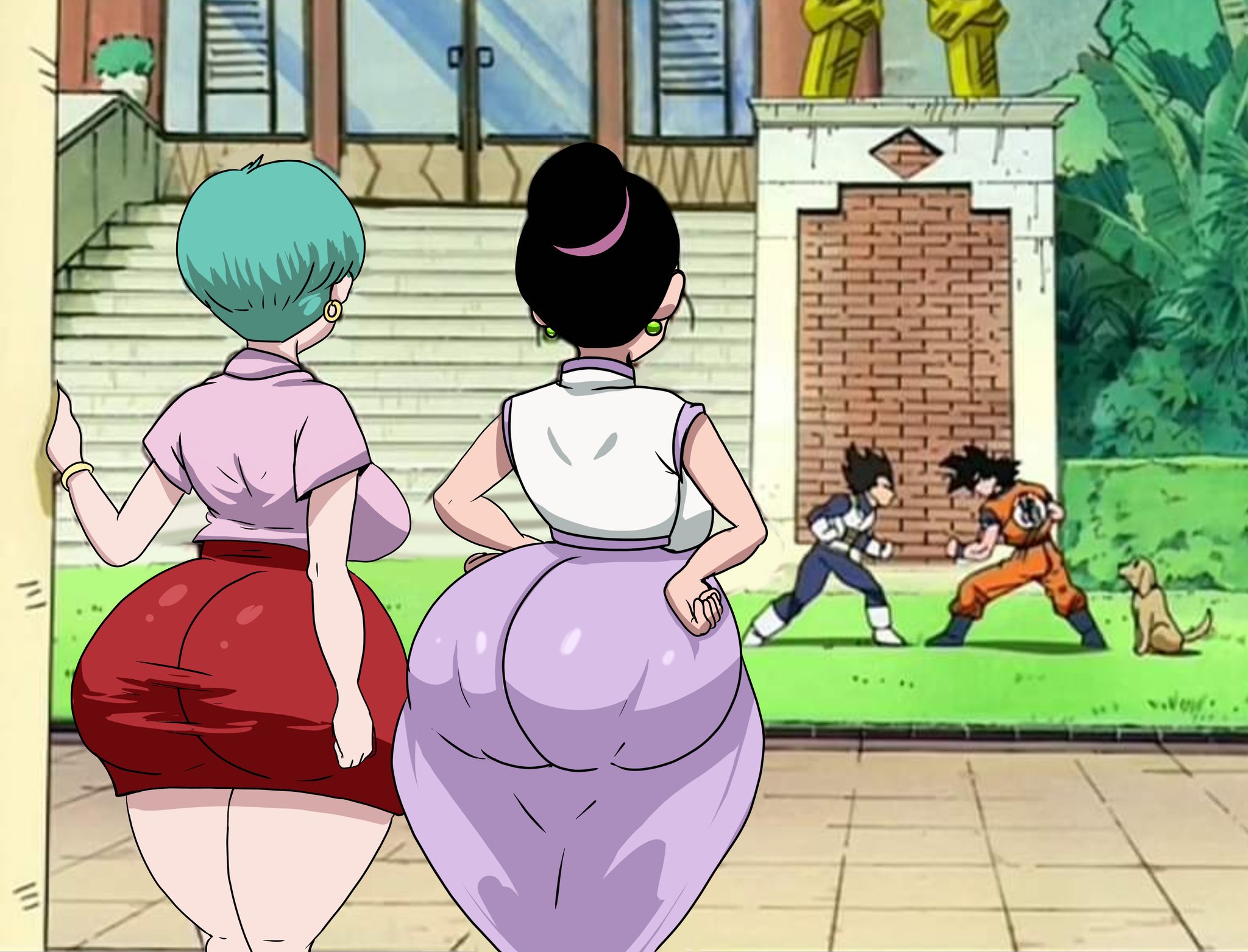 2boys, 2d, 2girls, ass, big ass, big breasts, big butt, black hair, breasts, bulma briefs, canine, chichi, chichi (majin buu saga), concerned, cyan hair, dragon ball, dragon ball z, fat ass, female, footwear, francyart34, full color, fully clothed, hands on hips, male, no penetration, pouting, son goku, thick, thick ass, thick thighs, vegeta, voluptuous, wide hips