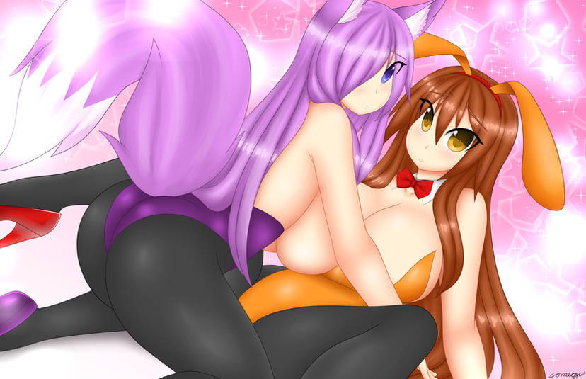 2d 2girls aki_(somegu) animal_ears big_breast big_breasts bowtie bowtie_collar brown_hair brown_hair_female bunny_costume bunny_ear bunny_ears bunny_girl bunny_tail bunnygirl dirtykuro female female_focus female_only fox fox_ear fox_ears fox_girl fox_tail foxgirl foxykuro hair_covering_eye hair_covering_one_eye hair_over_eye hair_over_one_eye huge_breast huge_breasts kitsune kuro_(foxykuro) large_breast large_breasts light-skinned_female light_skin long_brown_hair long_hair_female long_purple_hair original original_character pale-skinned_female pale_skin panties purple_eyes purple_hair purple_hair_female somegu yellow_eyes