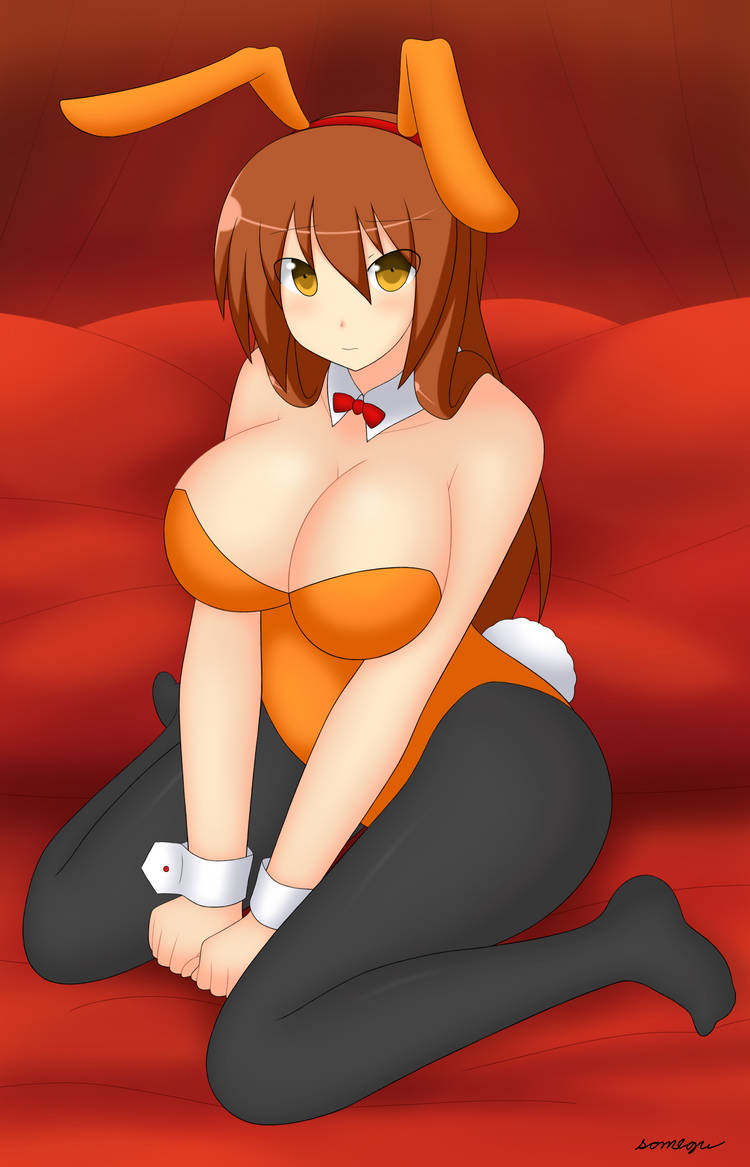 aki_(somegu) animal_ears big_breast big_breasts bowtie bowtie_collar brown_hair brown_hair_female bunny_costume bunny_ear bunny_ears bunny_girl bunny_tail bunnygirl bunnysuit huge_breast huge_breasts large_breast large_breasts long_brown_hair long_hair_female somegu yellow_eyes