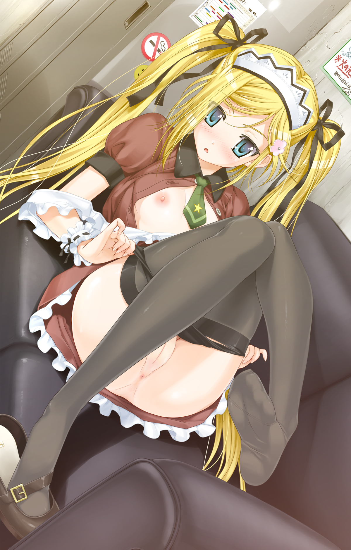 1girls, anus, areolae, blonde hair, blush, breasts, couch, decensored, feet, female, female only, flat chest, flower, game cg, hair ornament, hair ribbon, hairclip, happoubi jin, high res, highres, indoors, kanojo x kanojo x kanojo, legs, long hair, maid headdress, mary janes, necktie, nipples, open clothes, open mouth, open shirt, orifushi mafuyu, panties, panty pull, pussy, ribbon, shirt, shoe dangle, shoes, single shoe, small breasts, solo, thighhighs, tied hair, twintails, uncensored, underwear, undressing, very long hair
