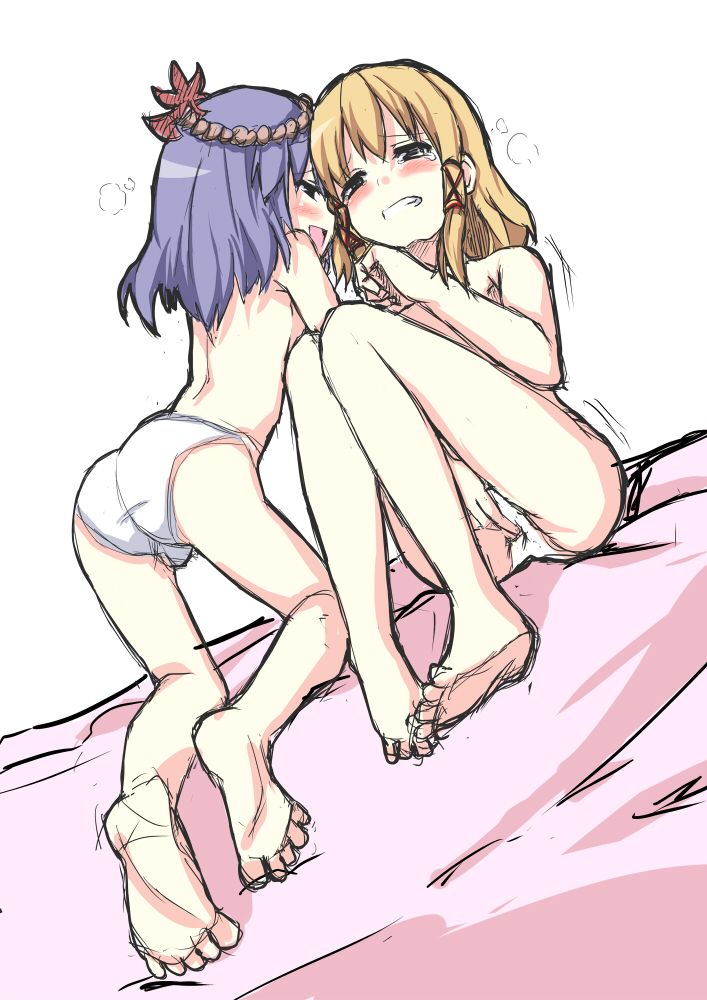 all_fours ass barefoot blonde_hair blush darkside female fingering fingering_through_clothes kanako_yasaka multiple_girls panties purple_hair short_hair sitting sketch suwako_moriya tear through_panties topless touhou underwear underwear_only white_panties young yuri