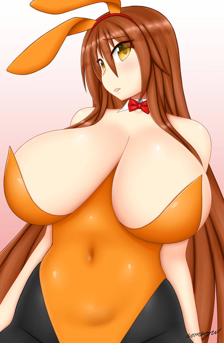 aki_(somegu) animal_ears big_breast big_breasts bowtie bowtie_collar brown_hair brown_hair_female bunny_costume bunny_ear bunny_ears bunny_girl bunnygirl bunnysuit huge_breast huge_breasts large_breast large_breasts long_brown_hair long_hair_female somegu yellow_eyes