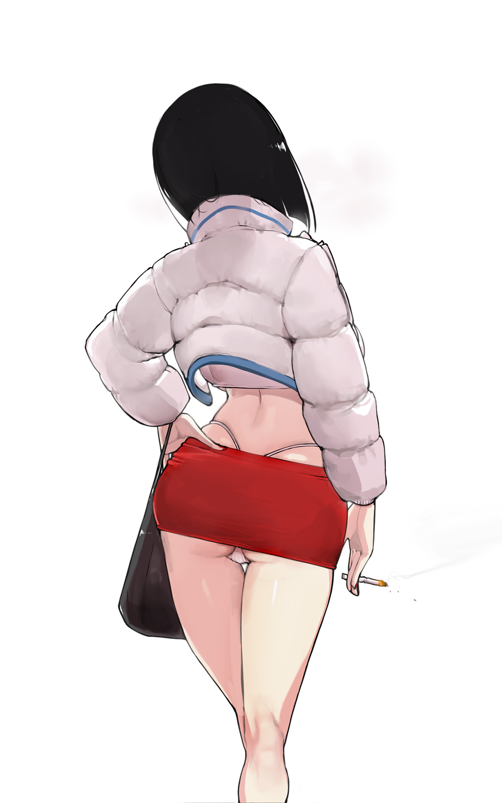 ass backboob bad_id bad_pixiv_id bag black_hair bob_cut breasts cameltoe cetacean_tail cigarette contrapposto cropped_jacket deliciousmeatart down_jacket female female_only fins fish_tail flat_ass from_behind fully_clothed hand_on_own_hip handbag highleg highleg_panties highres holding holding_cigarette jacket kneepits large_breasts microskirt open_clothes open_jacket original panties pantyshot red_skirt revealing_clothes simple_background skirt smoking solo standing strapless tail thigh_gap thong tube_top underwear whale_tail_(clothing) white_background white_jacket white_panties